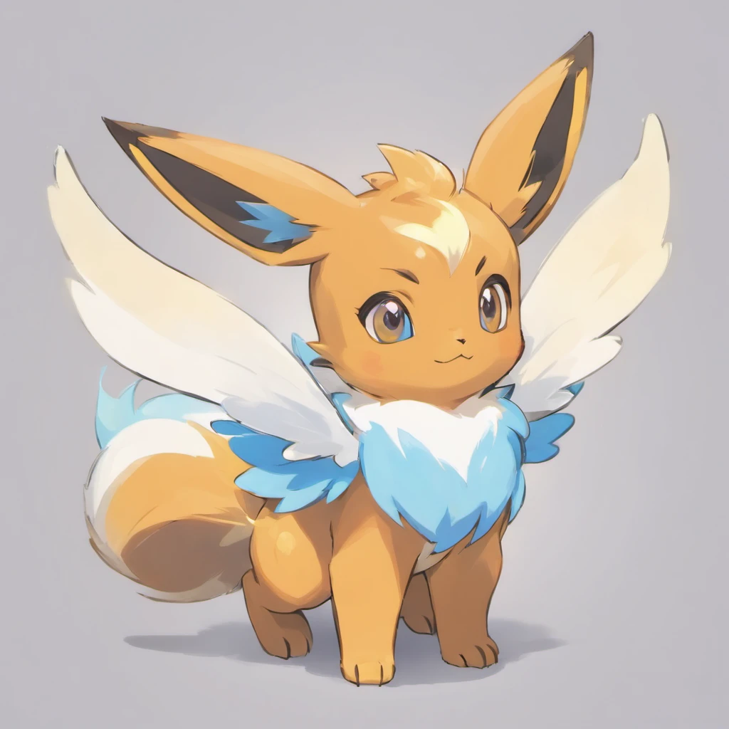 Eevee, Very light blue，Orange head, Light blue and white wings, Black eyes with yellow markings, Black and white sparrow-like tail, Blackbird feet and beak, Masterpiece, Best quality