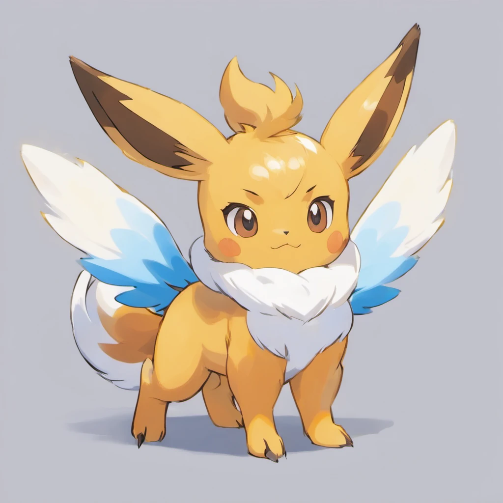 Eevee, Very light blue，Orange head, Light blue and white wings, Black eyes with yellow markings, Black and white sparrow-like tail, Blackbird feet and beak, Masterpiece, Best quality