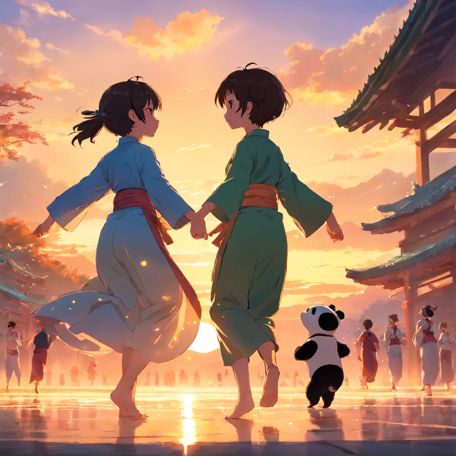 Masterpiece, Best quality, Close-up, Bright, cheerfulness, Warm and soft lighting, Sunset,A group of children dancing hand in hand,Wearing Zhuang costumes,High hills,A juvenile giant panda,