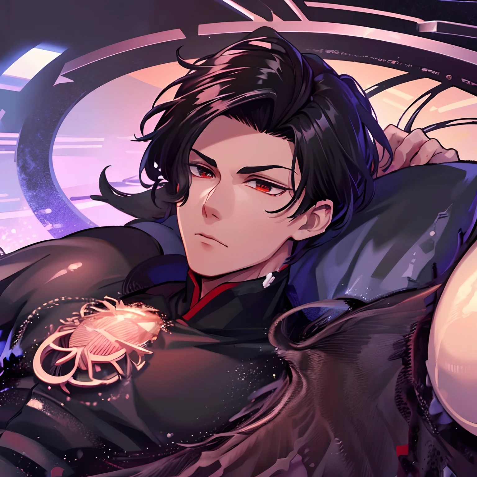 (best quality,4k,ultra detailed),1male,adult,handsome face,sharp jawline,intense gaze,fine details in eyes and face,tall muscular build,broad shoulders,slightly tousled black hair,anime style,red piercing eyes,subtle sleepiness , has black wings