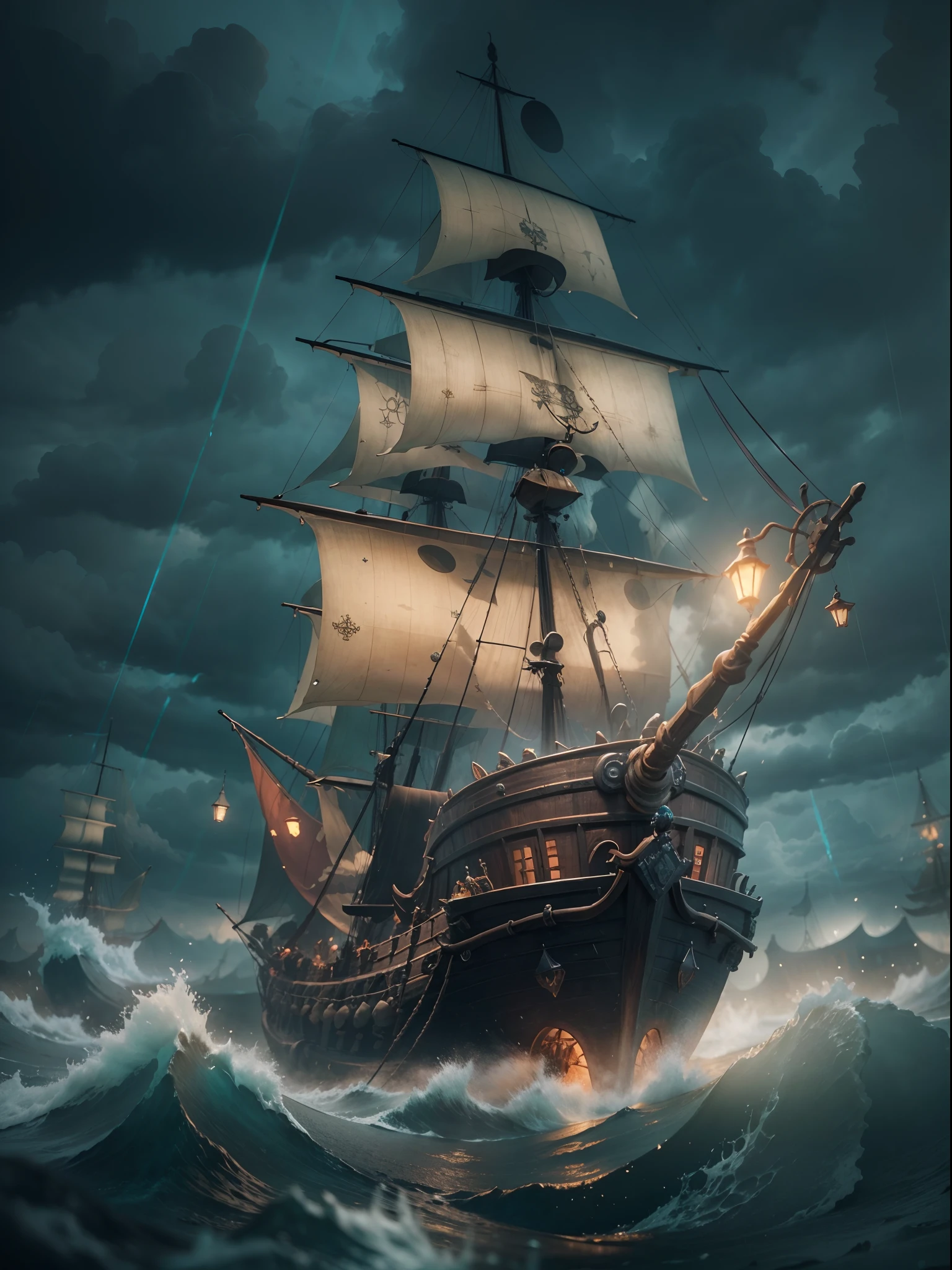 There is a pirate ship, atmosphere, storm floating in the air, sea Gils, (miniature: 1.2), army of pirates, 3d rendering stylization, stylized digital illustration, 3d stylized scene, stylized 3d rendering