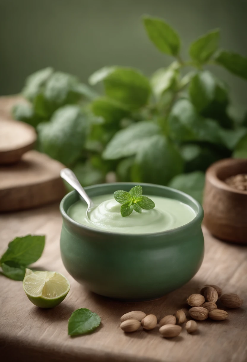 un pote de 50gr con crema dentro color verde mungo y alrededor un cogollo