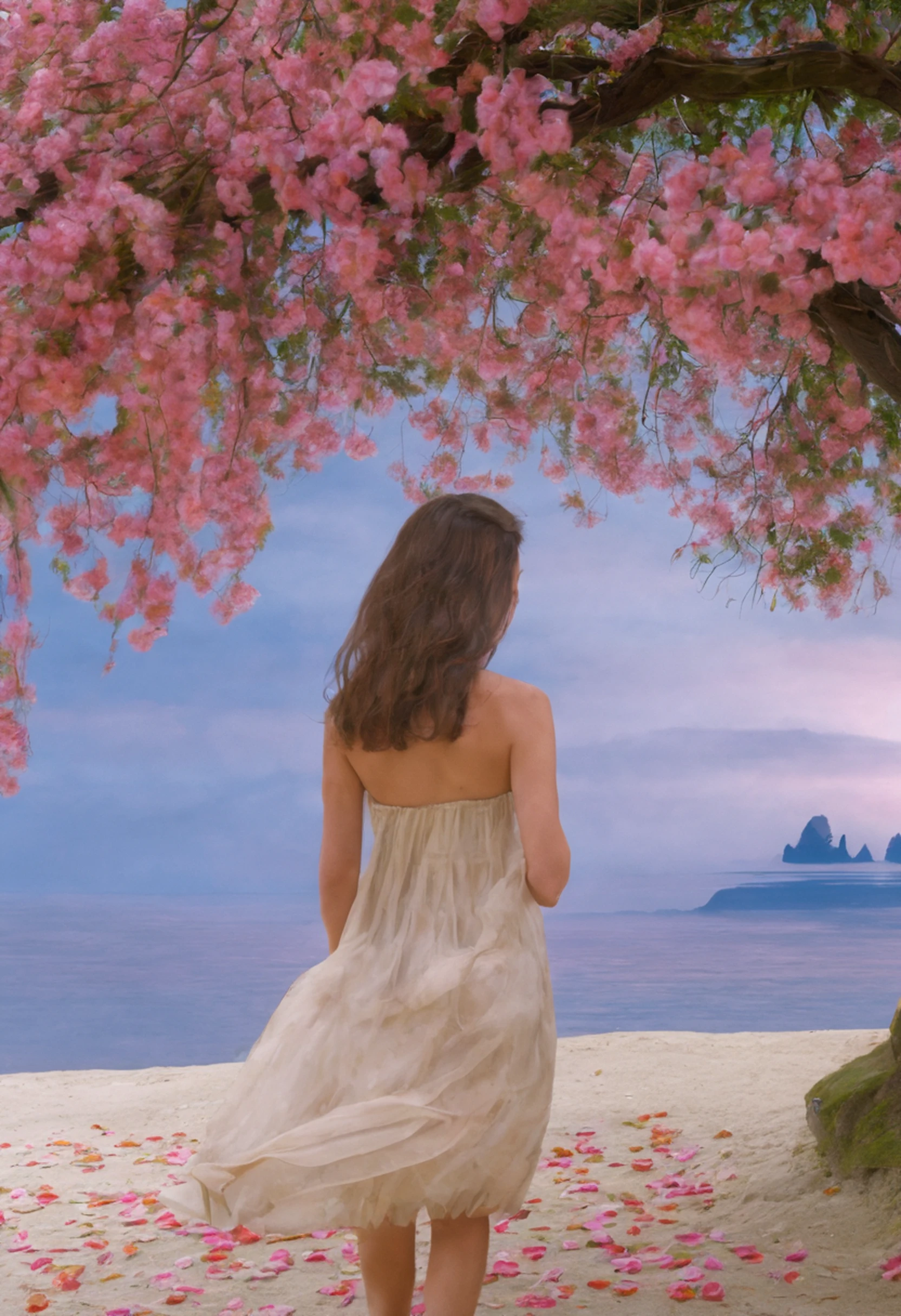 1girl (Jennifer Connelly -30 anos), solo, corpo inteiro, (obra-prima:1.21), (melhor qualidade:1.2), colorido, (illustration:1.2), (cinematic lighthing:1.1), (ombros nus:1.21), (鎖骨: 1.21) and fantastic garden, The scenery is illuminated by a rainbow of (vaga-lumes coloridos), dancing and fluttering in the air. The garden is decorated by a soft (garoa), creating a misty and ethereal atmosphere. No centro da cena, there's a single girl, uma garota extremamente delicada e bonita, with cute features and innocent expression. Her long hair is floating in the wind. She's wearing a strapless dress, which is ultra neckline, destacando suas curvas delicadas. The lighting is very delicate and beautiful, creating a soft and warm glow that highlights the water, fazendo-a brilhar como diamantes. The finest grass is also illuminated, criando um tapete exuberante e verdejante. The garden is surrounded by fields of colorful flowers, com flores de todas as cores e formas. (Borboletas coloridas), de todos os tons e tamanhos, podem ser vistas flutuando pela cena, increasing the overall sense of wonder and magic. (olhar para o visualizador), A flush can be seen in his nose and his mouth is slightly open, adding to the overall sense of innocence and youthfulness. Falling petals can be seen floating around her, adding to the overall sense of romance and beauty. Um vento suave sopra pela cena, making the leaves whisper and the flowers sway, increasing the overall sense of movement and life. This is a scene of pure wonder and magic, repleta de cor e beleza, onde o espectador se pode perder num mundo encantador e cativante.