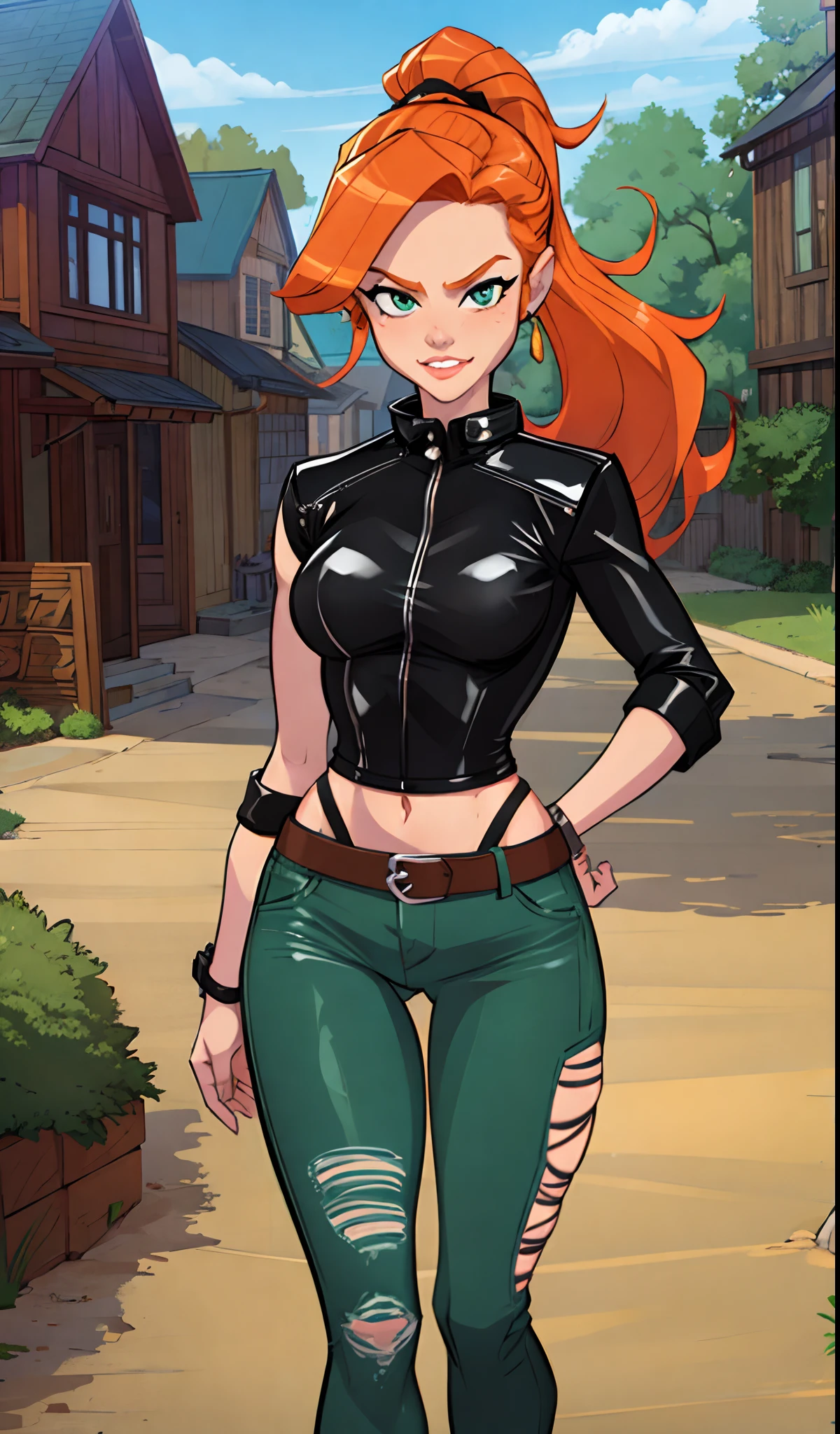 1girl, Best quality, masterpiece, cowboy shot, orange hair, green eyes, tight clothes, cheetah, bike, leather jacket, half up ponytail, ripped jeans pants, belts