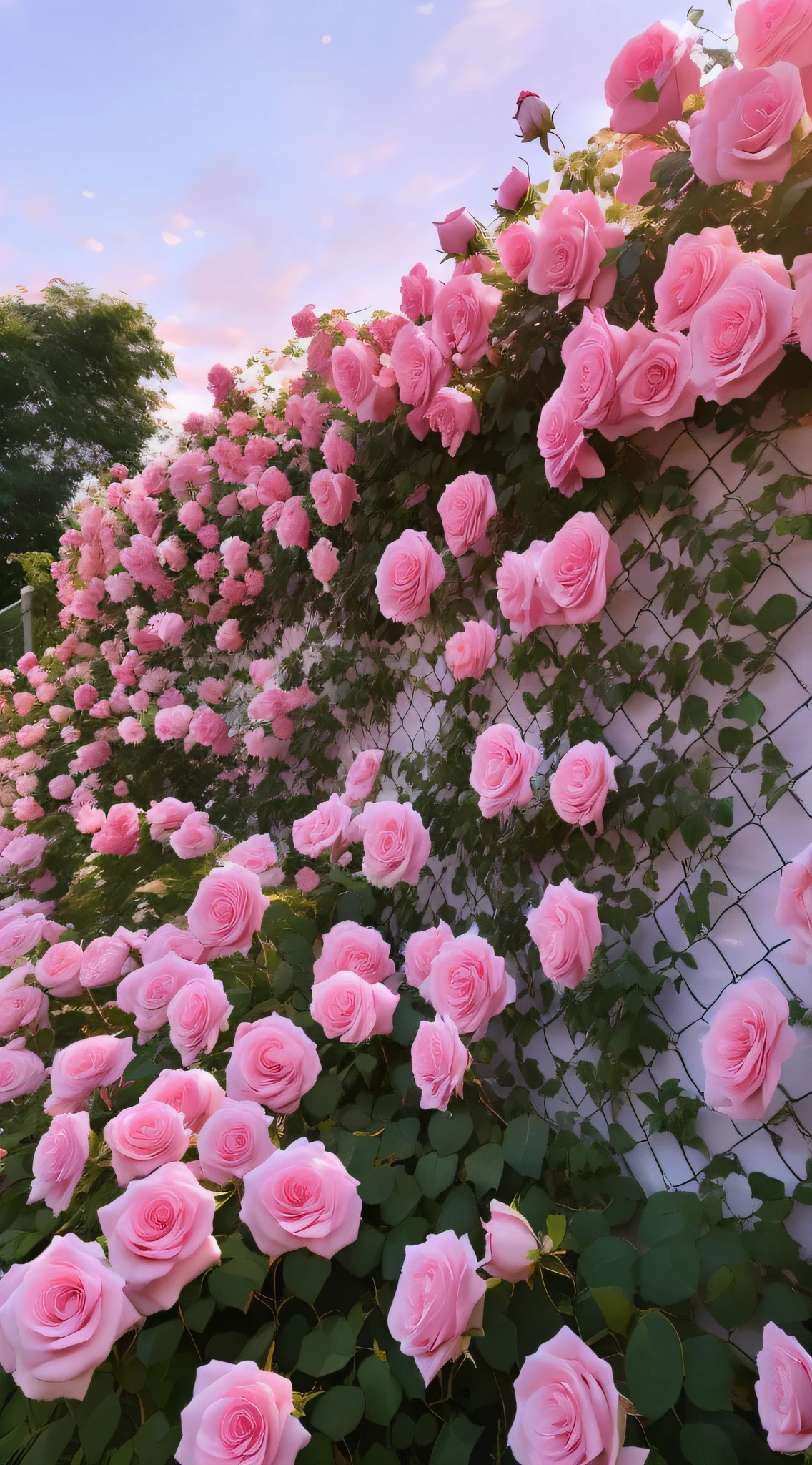 Pink roses grow on the fence of the garden, Beautiful and aesthetic, beautiful flowers growing, beautiful aesthetic, Beautiful flowers, Rose garden, Pink flowers, with soft pink colors, Incredibly beautiful, an aesthetic field of flowers, light pink tonalities, rosette, soft light 4 k in pink, beatiful background, pink rosa, with soft bushes, Beautiful nature