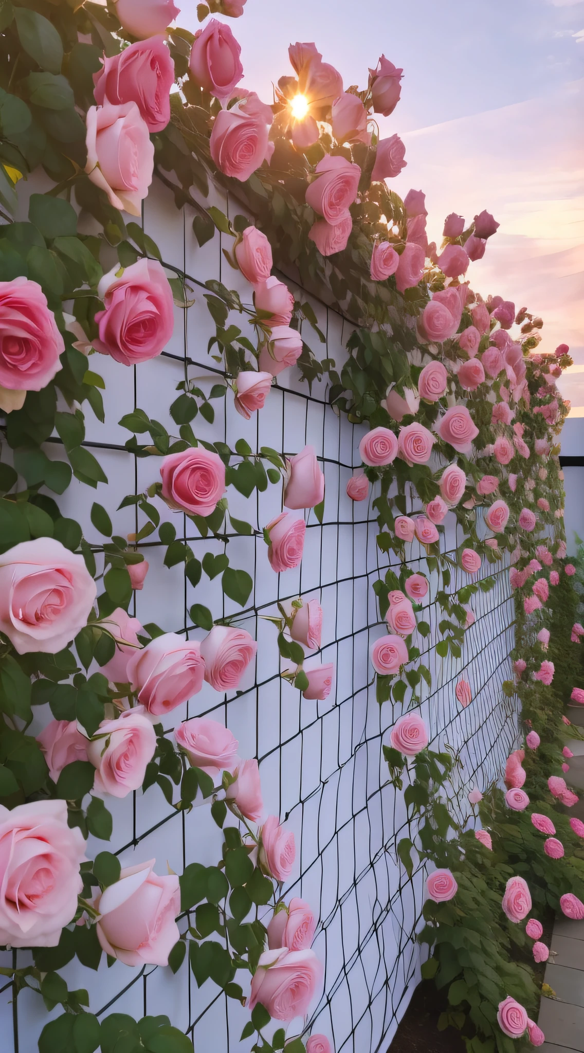 There is a fence，It has pink roses growing on it, Beautiful and aesthetic, beautiful aesthetic, roses in cinematic light, nature and floral aesthetics, beautiful flowers growing, Incredibly beautiful, with soft pink colors, beautiful aesthetic design, an aesthetic field of flowers, Beautiful composition, Beautiful flowers, Beautiful image, Pink flowers, Rose garden, portal made of roses, pink golden hour, rosette