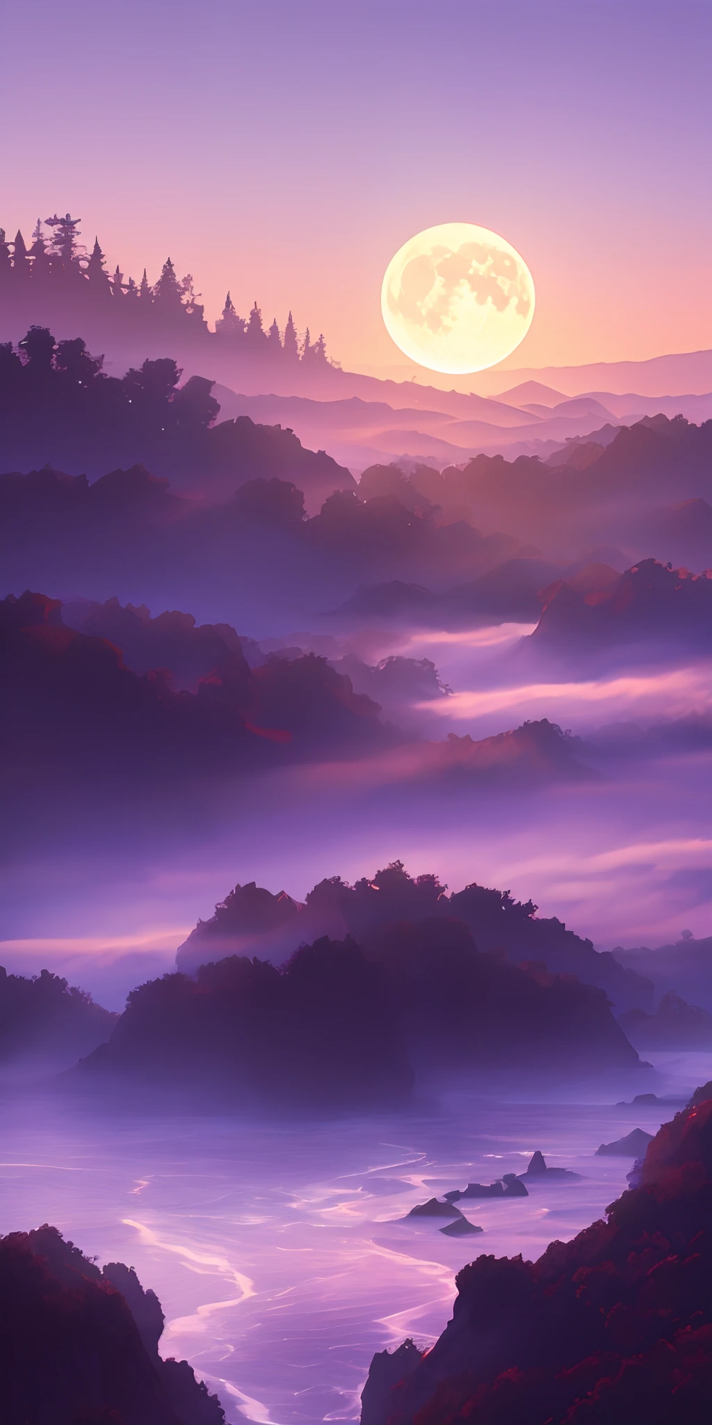 Fantasy landscape, Purple Sky,Blue sky, Pink sky, fullmoon, cascading waterfalls, Water mist, Fog, High cliffs, surrealism, high detailing, depth of fields, Cinematic lighting, Motion Blur, Glowing light, Ray tracing, reflective light, Backlighting, blending, bloom, drop shadow, nffsw, masutepiece, ccurate, Anatomically correct, Super Detail, high details, High quality, awardwinning, Best Quality, hight resolution, Image Fill --auto --s2