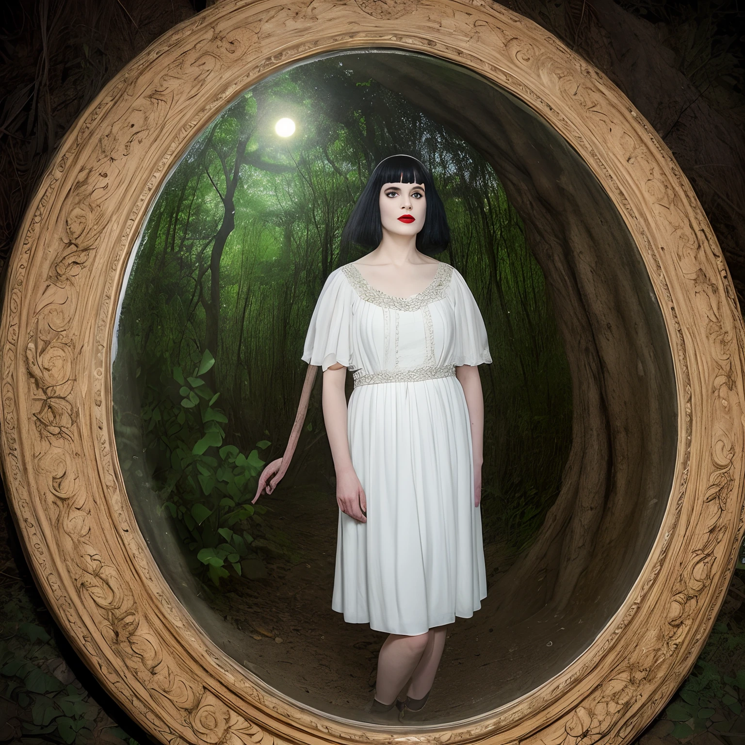 Theda barra, ..........lua, ........moon on the sky, foto profissional, Foto realista, foto de filme, filme o chamado, O filme do anel, Ancient Well, imagem escuraambiente noturno, vestido longo, vestido vintage, maquiagem pesada, cabelo comprido, a pale-skinned woman, cabelos longos e pretos, vestido branco vintage, Goth Woman Heavy Makeup, vampira parecendo theda bara, cabelow pretos e muito longos, foto escura, filme de terror, tom verde de dia nublado, Inside a huge photo in a kind of oval mirror with its surroundings decorated with antique wood, foto em tom antigo, fundo da mulher composto por um campo verde musgo, An old well, Cordas, Thin tree branches, ambiente sombrio, Woman resembling the woman who appears in a video from a tape of the movie The CDO