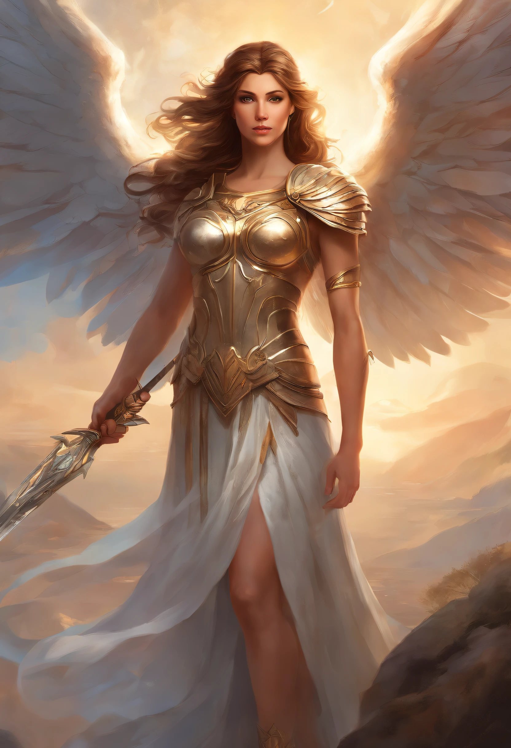 Greek Goddess Athena, brown hair, fierce gray eyes, angel white wings, she is wearing a greek light armor, she is holding a spear with her right hand, religious painting