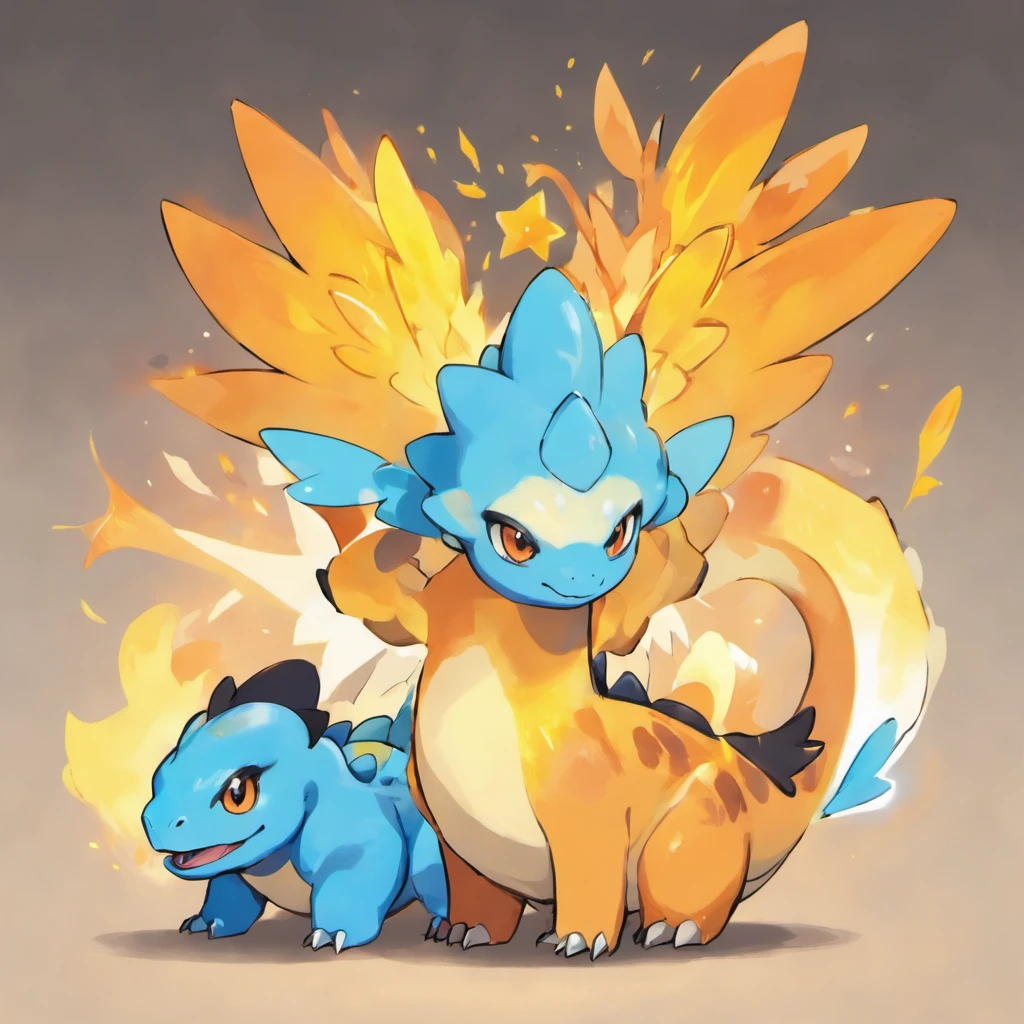 Cute dinosaurs，Fire attribute, Orange head, Light blue and white wings, Black eyes with yellow markings,  Masterpiece, Best quality