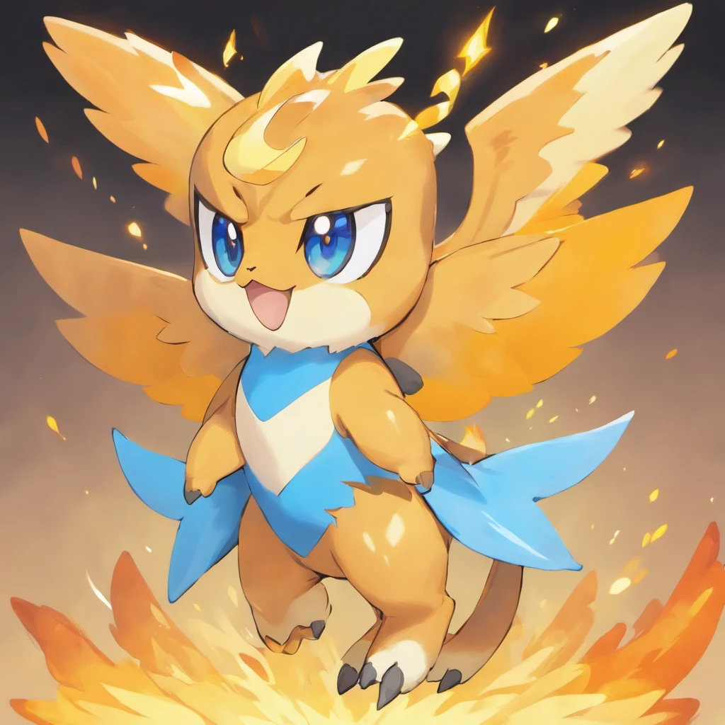 Cute dinosaurs,Fire attribute, Orange head, Light blue and white wings, Black eyes with yellow markings, Masterpiece, Best quality