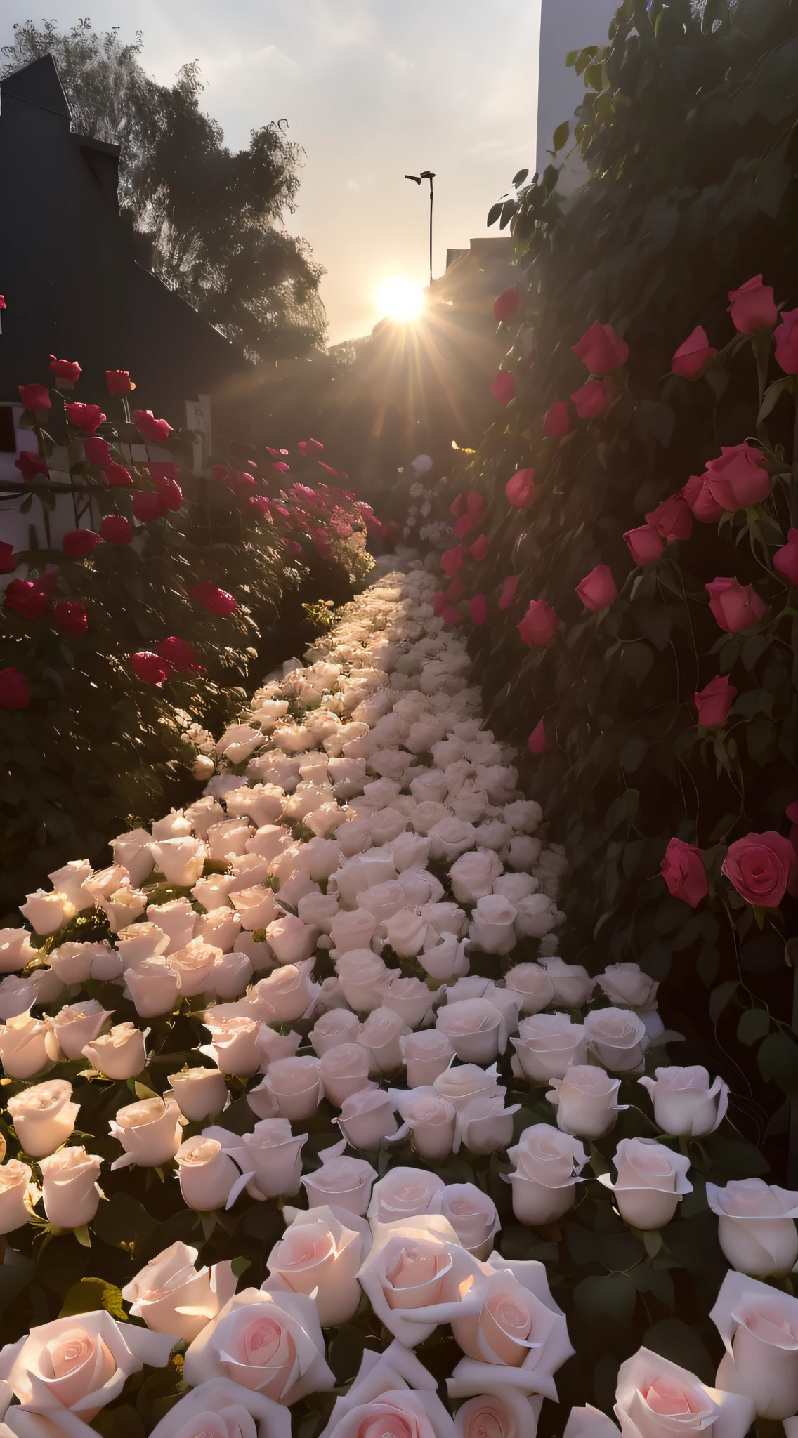 There are many white roses in the garden where the sun sets, rosses, rosette, Rose garden, roses in cinematic light, portal made of roses, Flowers!!!!, floral sunset, Beautiful and aesthetic, blossoming path to heaven, Flower beds on the floor, exploding roses, an aesthetic field of flowers, leading to a beautiful, author:David Ruby