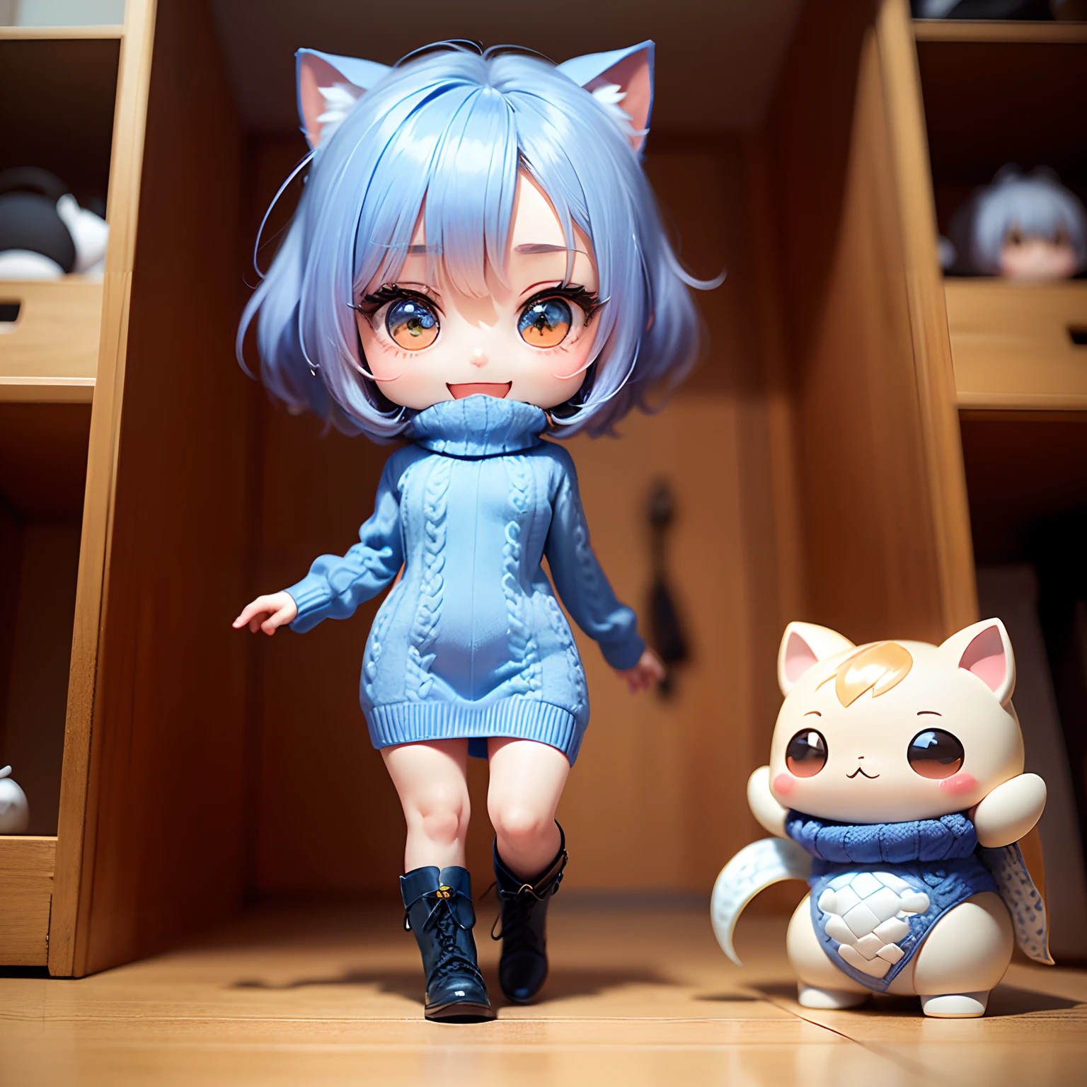 masterpiece、top-quality、ultra-detailliert、(Chibi Chara's Daughter:1.2)、(Red Hounstooth Court:1.4), Off-White Turtleneck Sweater Dress、Light Blue Bob、Short boots、The background is the port city of Cape Town