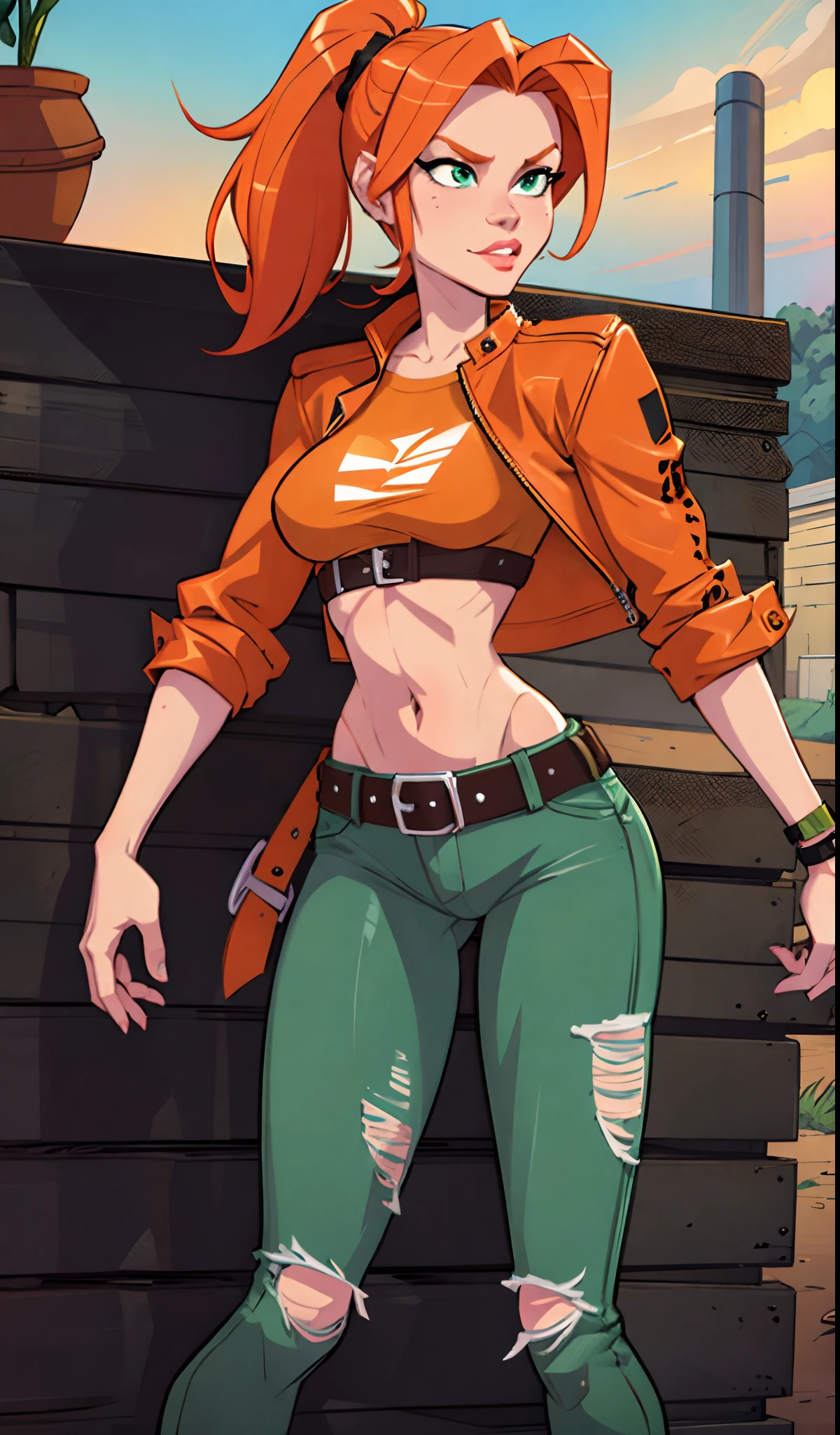 1girl, Best quality, masterpiece, cowboy shot, orange hair, green eyes, tight clothes, cheetah, bike, leather jacket, rough messy ponytail, ripped jeans pants, belts