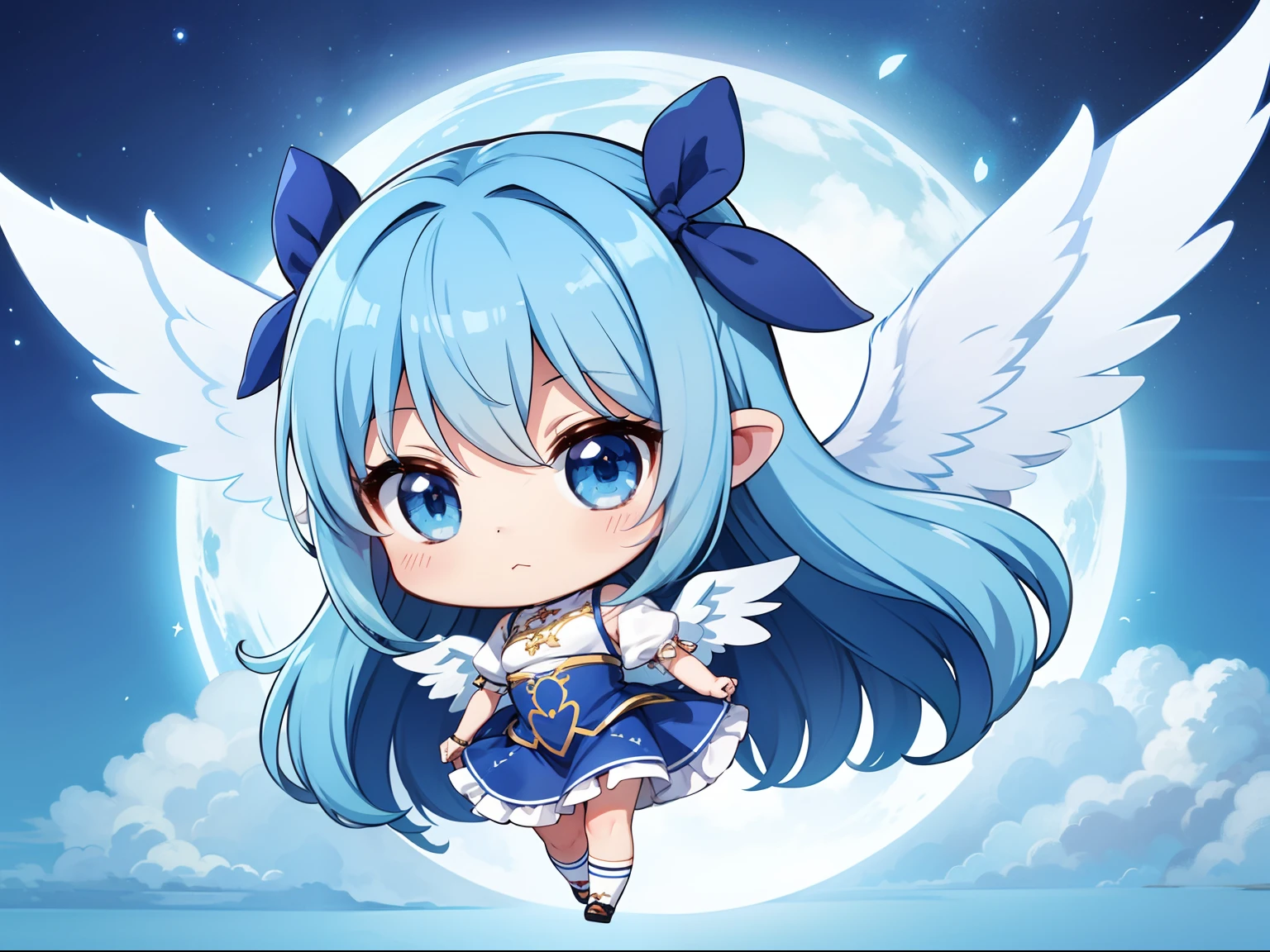 2:Chibi Character With the Wings of an Angel、Visible flying in the sky。long hair with blue hair((Chibi Chara))、girl with、Chibi Chara、colorful outfit、full body Esbian、Pastel colors hair、masutepiece、top-quality、Large in the center