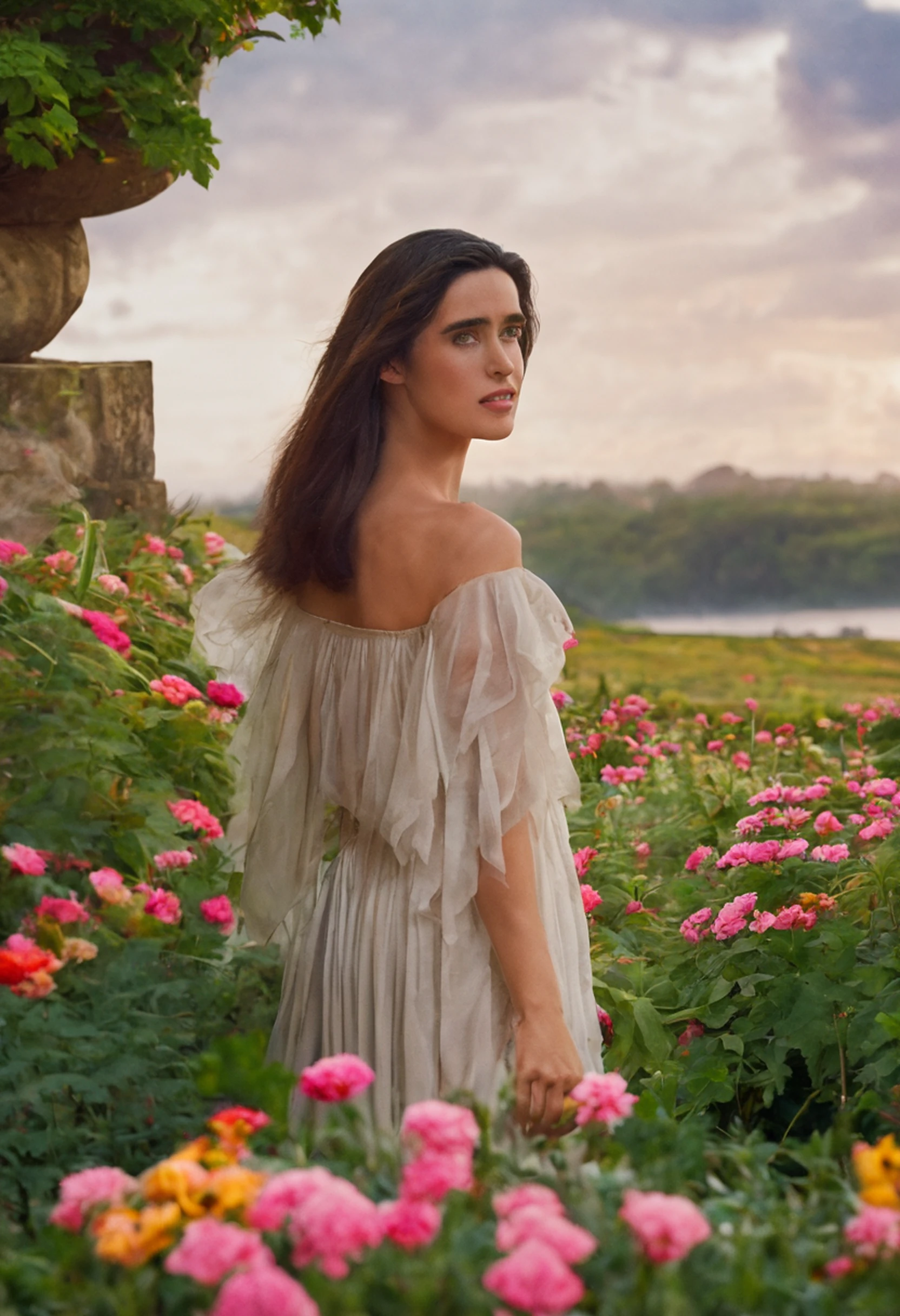 1girl (Jennifer Connelly -30 anos), solo, corpo inteiro, (obra-prima:1.21), (melhor qualidade:1.2), colorido, (illustration:1.2), (cinematic lighthing:1.1), (ombros nus:1.21), (鎖骨: 1.21) and fantastic garden, The scenery is illuminated by a rainbow of (vaga-lumes coloridos), dancing and fluttering in the air. The garden is decorated by a soft (garoa), creating a misty and ethereal atmosphere. No centro da cena, there's a single girl, uma garota extremamente delicada e bonita, with cute features and innocent expression. Her long hair is floating in the wind. She's wearing a strapless dress, which is ultra neckline, destacando suas curvas delicadas. The lighting is very delicate and beautiful, creating a soft and warm glow that highlights the water, fazendo-a brilhar como diamantes. The finest grass is also illuminated, criando um tapete exuberante e verdejante. The garden is surrounded by fields of colorful flowers, com flores de todas as cores e formas. (Borboletas coloridas), de todos os tons e tamanhos, podem ser vistas flutuando pela cena, increasing the overall sense of wonder and magic. (olhar para o visualizador), A flush can be seen in his nose and his mouth is slightly open, adding to the overall sense of innocence and youthfulness. Falling petals can be seen floating around her, adding to the overall sense of romance and beauty. Um vento suave sopra pela cena, making the leaves whisper and the flowers sway, increasing the overall sense of movement and life. This is a scene of pure wonder and magic, repleta de cor e beleza, onde o espectador se pode perder num mundo encantador e cativante.
