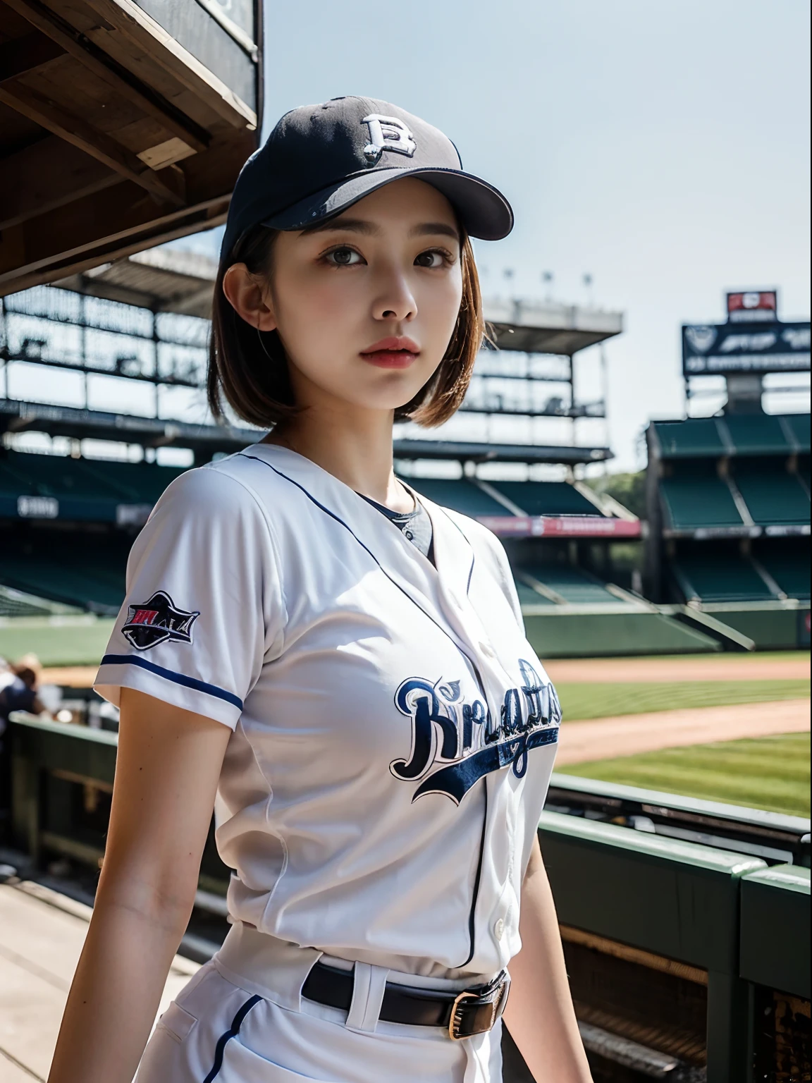 ((((top-quality))))、(((Ultra Precision CG16K Wallpapers)))、(((​masterpiece)))、(((ultra-detailliert)))、(((Ultra-extreme details)))、One woman、a matural female、24-year-old woman、((Japanese face))、((extremely beautiful face))、(Short Bob Hair)、Bangs up to the eyebrows、Beautiful brown hair、Beautiful delicate eyes、Brown eyes、lofty nose、small nostrils、seductive lips、Half-open mouth、Beautiful breasts、C-cup size breasts、cleavage of the breast、Beautifully proportioned proportions、perfect anatomia、Beautiful and detailed shading、Beautiful natural lighting、Beautiful detail glow、depth of fields、(((a high chroma)))、((realisitic:1.9))、((Beautiful skin))、((Skin texture))、((Vivid：1.4))、dynamic ungle、((cowboy shot))、((front shot))、((A slight smil))、Bright sunshine、((Jingu Stadium))、(Background blur)、((Baseball Uniforms))、(Baseball Cap)、