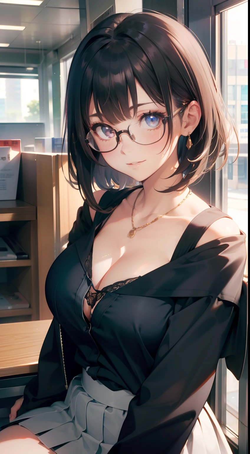 (Best Quality:1.1), (masutepiece:1.2), High quality shadows, Beautiful detailed, Beautiful face, Detailed eyes, Off-the-shoulder clothing，depth of fields, hight resolution, Best Shadow, Best Illumination, 1girll, view the viewer, （Black Hair:1.3)，short detailed hair, Blunt bangs, Very short hair, Iritating eyes, Shy, Large breasts, Miniskirt, Blouse, Blazer, pump, Office Lady, Glasses,cleavage，Look into the camera，ssmile，closeup cleavage