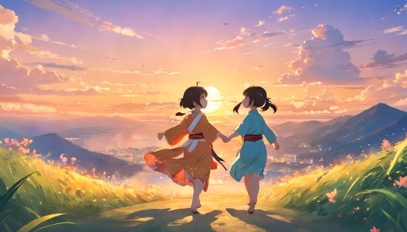 Masterpiece, Best quality, Close-up, Bright, cheerfulness, Warm and soft lighting, Sunset,A group of children dance hand in hand，Wearing Zhuang costumes，High hills，Cute giant panda in juveniles