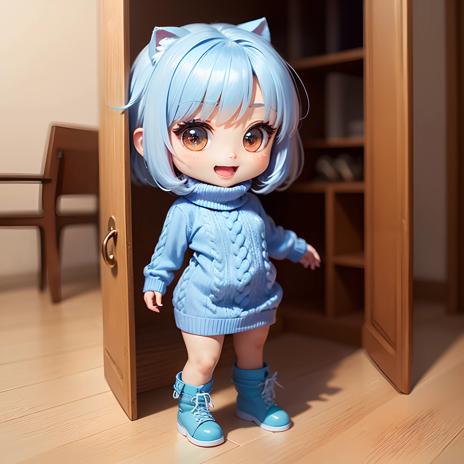 masterpiece、top-quality、ultra-detailliert、(Chibi Chara:1.2)、Light blue Sauvage hair、Open your mouth and smile、(Redhounds Tooth Court: 1.5), (Light Blue Turtleneck Sweater Dress:1.3)、White Amiage Boots、Standing、Chibi Walk-in Closet