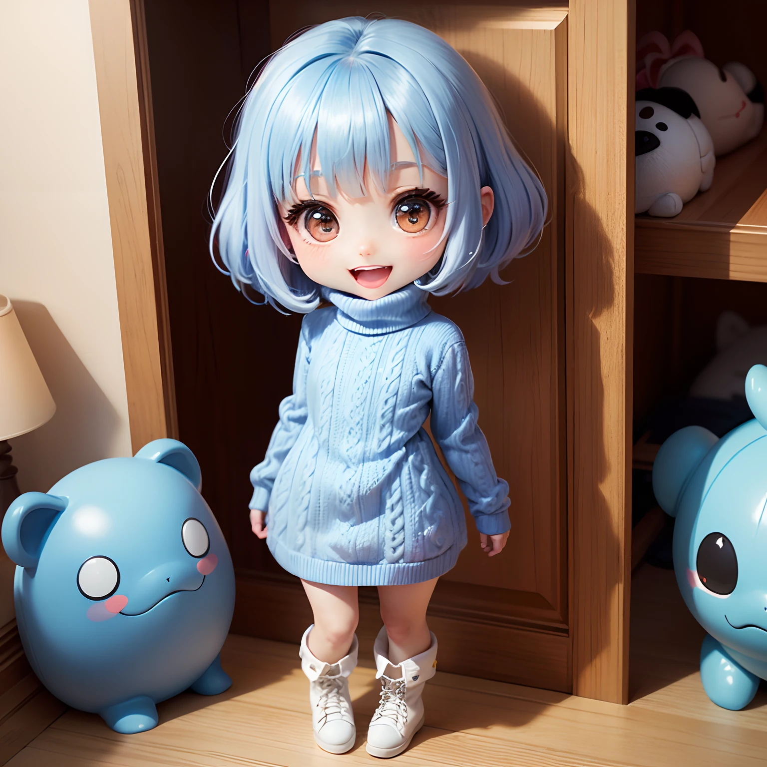 masterpiece、top-quality、ultra-detailliert、(Chibi Chara:1.2)、Light blue Sauvage hair、Open your mouth and smile、(Redhounds Tooth Court: 1.5), (Light Blue Turtleneck Sweater Dress:1.3)、White Amiage Boots、Standing、Chibi Walk-in Closet