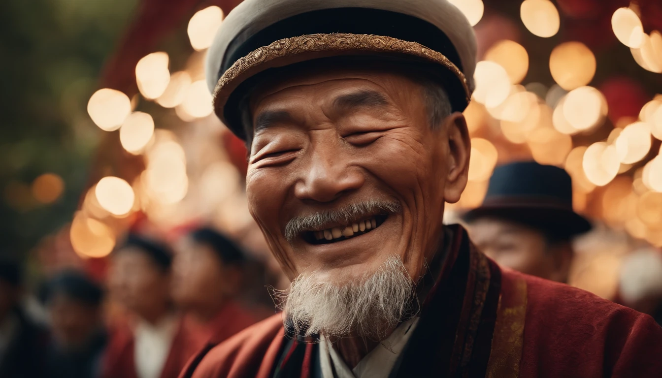 Masterpiece, High quality, illustration,An old man closed his eyes during the Chongyang Festival, Smiling, Close up