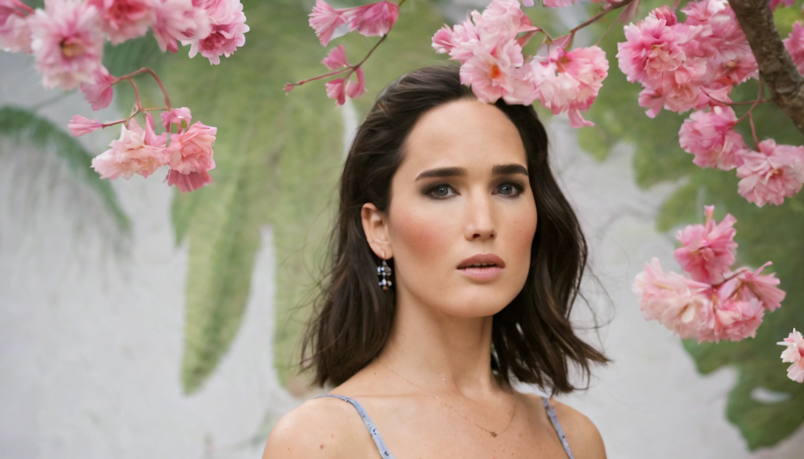 1girl (Jennifer Connelly -30 anos), solo, corpo inteiro, (obra-prima:1.21), (melhor qualidade:1.2), colorido, (illustration:1.2), (cinematic lighthing:1.1), (ombros nus:1.21), (鎖骨: 1.21) and fantastic garden, The scenery is illuminated by a rainbow of (vaga-lumes coloridos), dancing and fluttering in the air. The garden is decorated by a soft (garoa), creating a misty and ethereal atmosphere. No centro da cena, there's a single girl, uma garota extremamente delicada e bonita, with cute features and innocent expression. Her long hair is floating in the wind. She's wearing a strapless dress, which is ultra neckline, destacando suas curvas delicadas. The lighting is very delicate and beautiful, creating a soft and warm glow that highlights the water, fazendo-a brilhar como diamantes. The finest grass is also illuminated, criando um tapete exuberante e verdejante. The garden is surrounded by fields of colorful flowers, com flores de todas as cores e formas. (Borboletas coloridas), de todos os tons e tamanhos, podem ser vistas flutuando pela cena, increasing the overall sense of wonder and magic. (olhar para o visualizador), A flush can be seen in his nose and his mouth is slightly open, adding to the overall sense of innocence and youthfulness. Falling petals can be seen floating around her, adding to the overall sense of romance and beauty. Um vento suave sopra pela cena, making the leaves whisper and the flowers sway, increasing the overall sense of movement and life. This is a scene of pure wonder and magic, repleta de cor e beleza, onde o espectador se pode perder num mundo encantador e cativante.