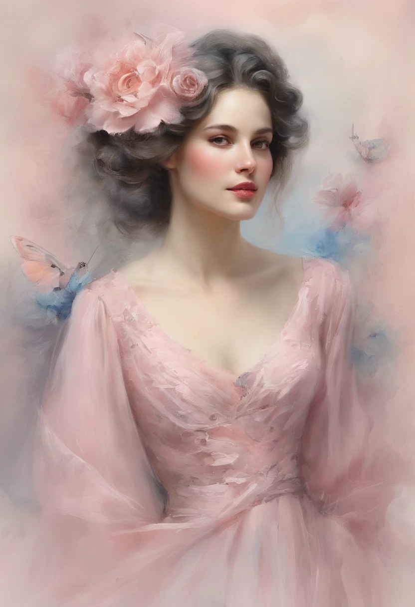 Pale pink palace dress,The corners of the skirt are embroidered with pale blue butterflies that are spreading their wings,Covered with a layer of white light tulle。light breeze,There is a feeling of going with the wind。Her silky inky hair casually floats around her waist,Slim figure,Brute waist wins weak,It is even more moving