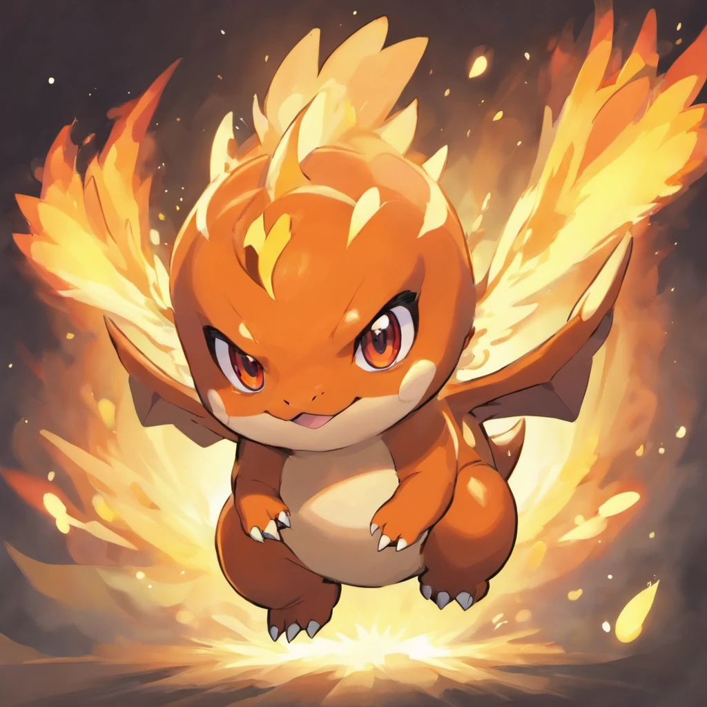 Cute dinosaurs,Fire attribute, Orange head, little wings,Red pupils,Masterpiece, Best quality