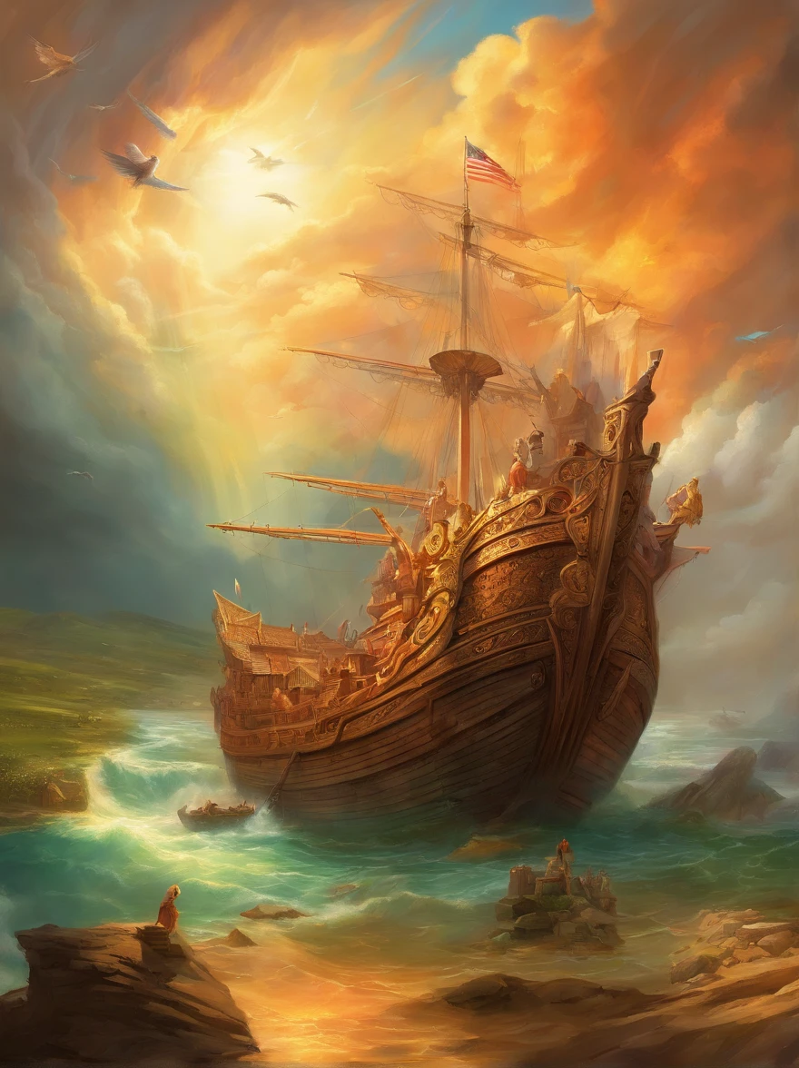 best quality,ultra-detailed,realistic,photorealistic:1.37,Noah's Ark,animal pairs,floating on the water,crowded with animals,divine rays of light,stormy clouds,rainbow,peaceful atmosphere,varied textures,saturated colors,surreal lighting,impressive scale,architectural details,wooden structure,carefully crafted features,symbolic representation,profound religious significance,narrative elements,awe-inspiring presence,splendid composition,captivating scene,masterpiece:1.2