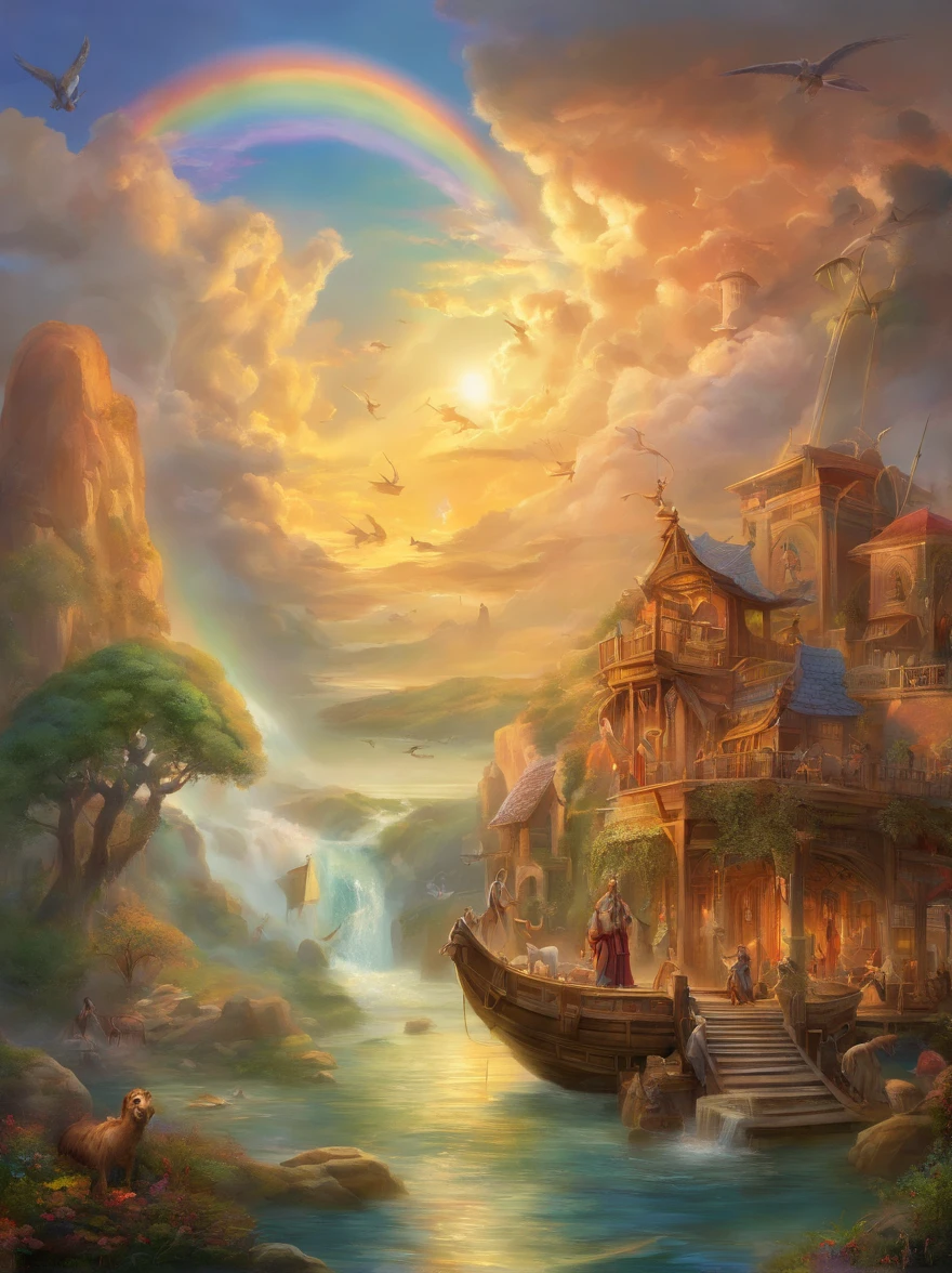 best quality,ultra-detailed,realistic,photorealistic:1.37,Noah's Ark,animal pairs,floating on the water,crowded with animals,divine rays of light,stormy clouds,rainbow,peaceful atmosphere,varied textures,saturated colors,surreal lighting,impressive scale,architectural details,wooden structure,carefully crafted features,symbolic representation,profound religious significance,narrative elements,awe-inspiring presence,splendid composition,captivating scene,masterpiece:1.2