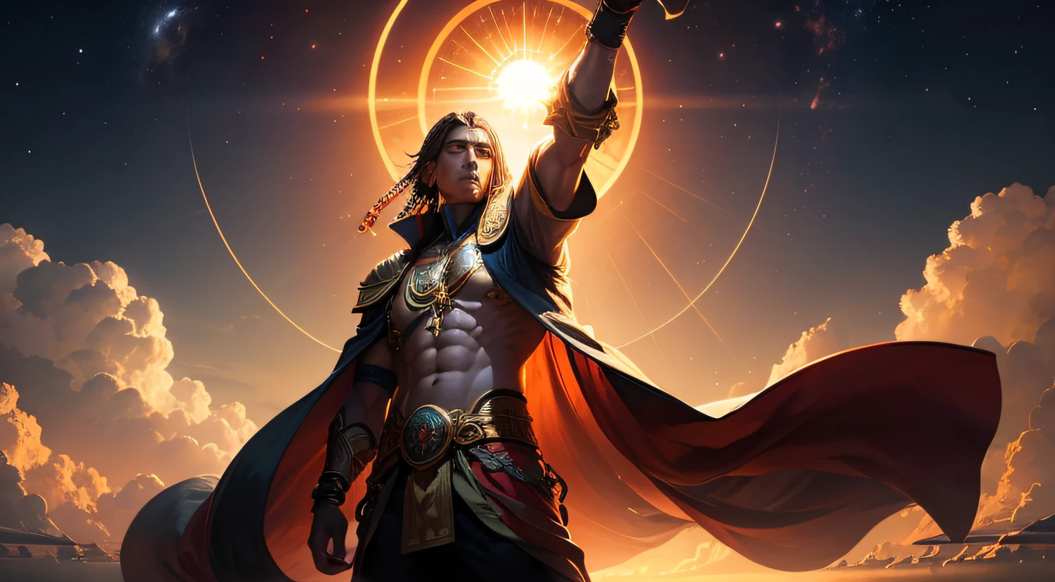 Image of Ra with clothes on, the sun god, ascending with a backdrop of a dark sky transitioning to dawn.