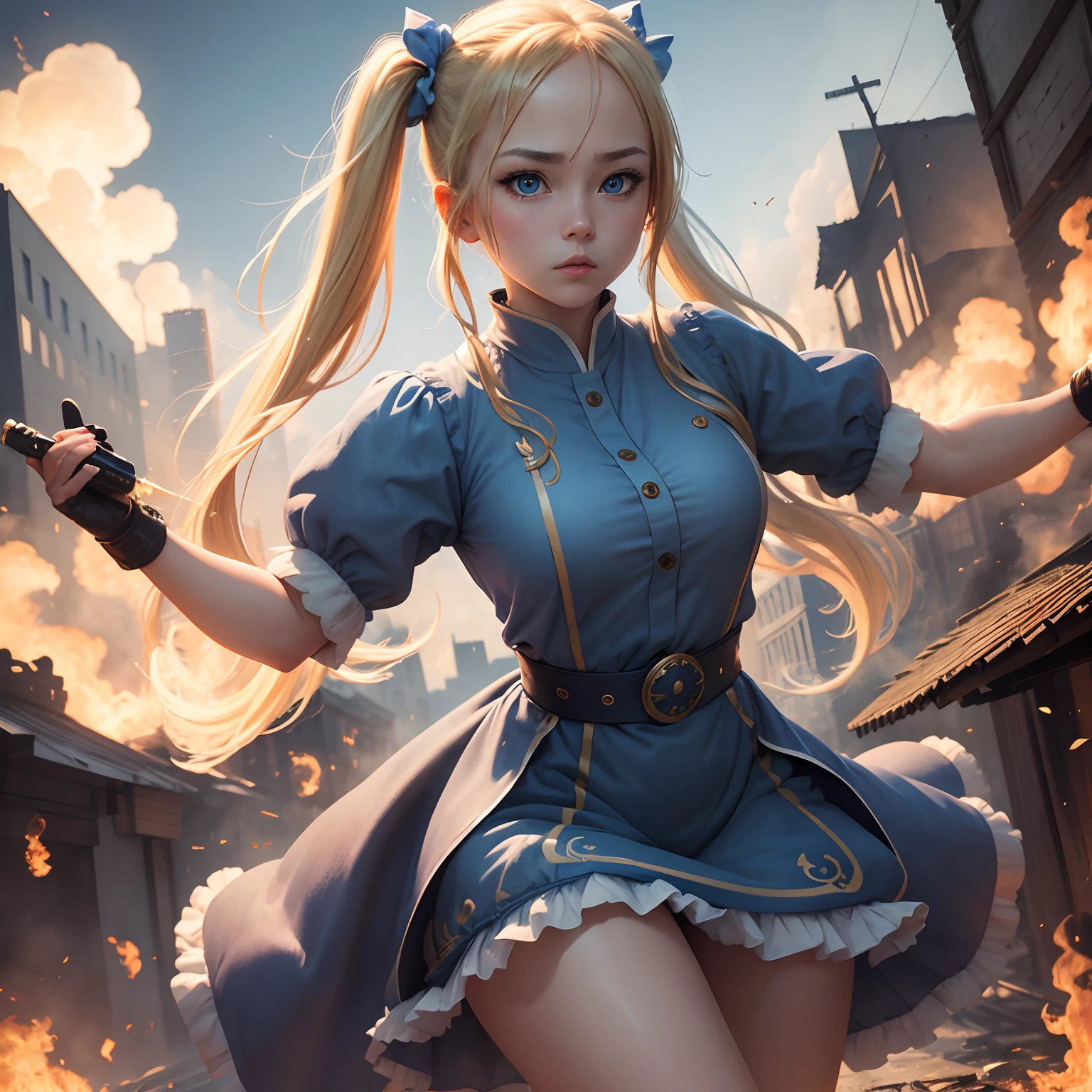 masterpiece, best quality, Bubbles, blue dress, blonde pigtails, pretty face, insanely detailed eyes, intense look, fighting pose, destroyed city, distant fires, rising smoke,