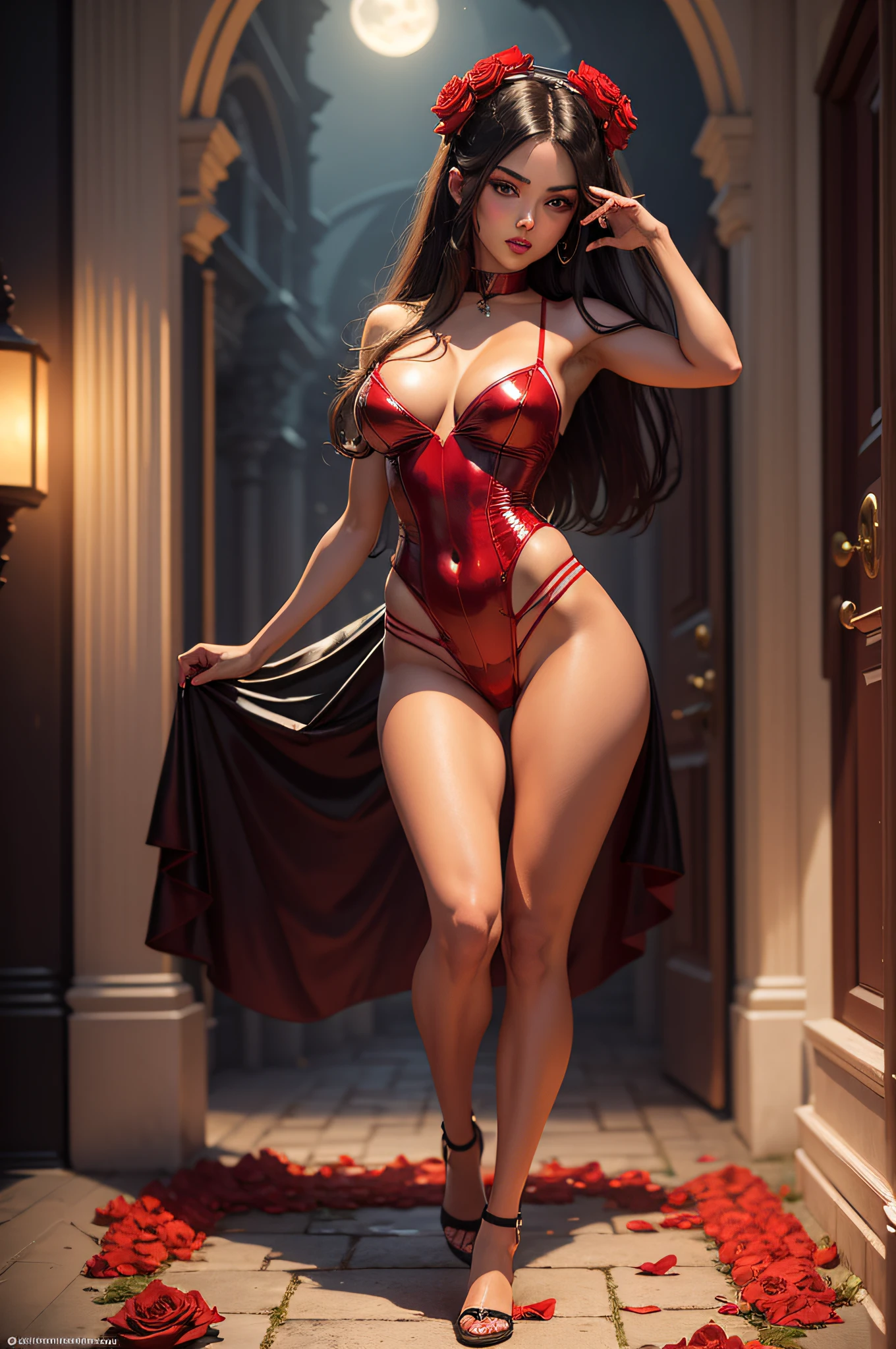 Masterpiece, realistic 3d, beautiful full-body girl, brunette hair, tanned skin tone, Catrina-style body, red eyes, red lips, sexy black and red underwear, looking at camera, sexy pose. Red roses around her body. The overall image should evoke the enchanting and mysterious atmosphere of a Halloween celebration. The girl should be illuminated by the soft glow of the moonlight.