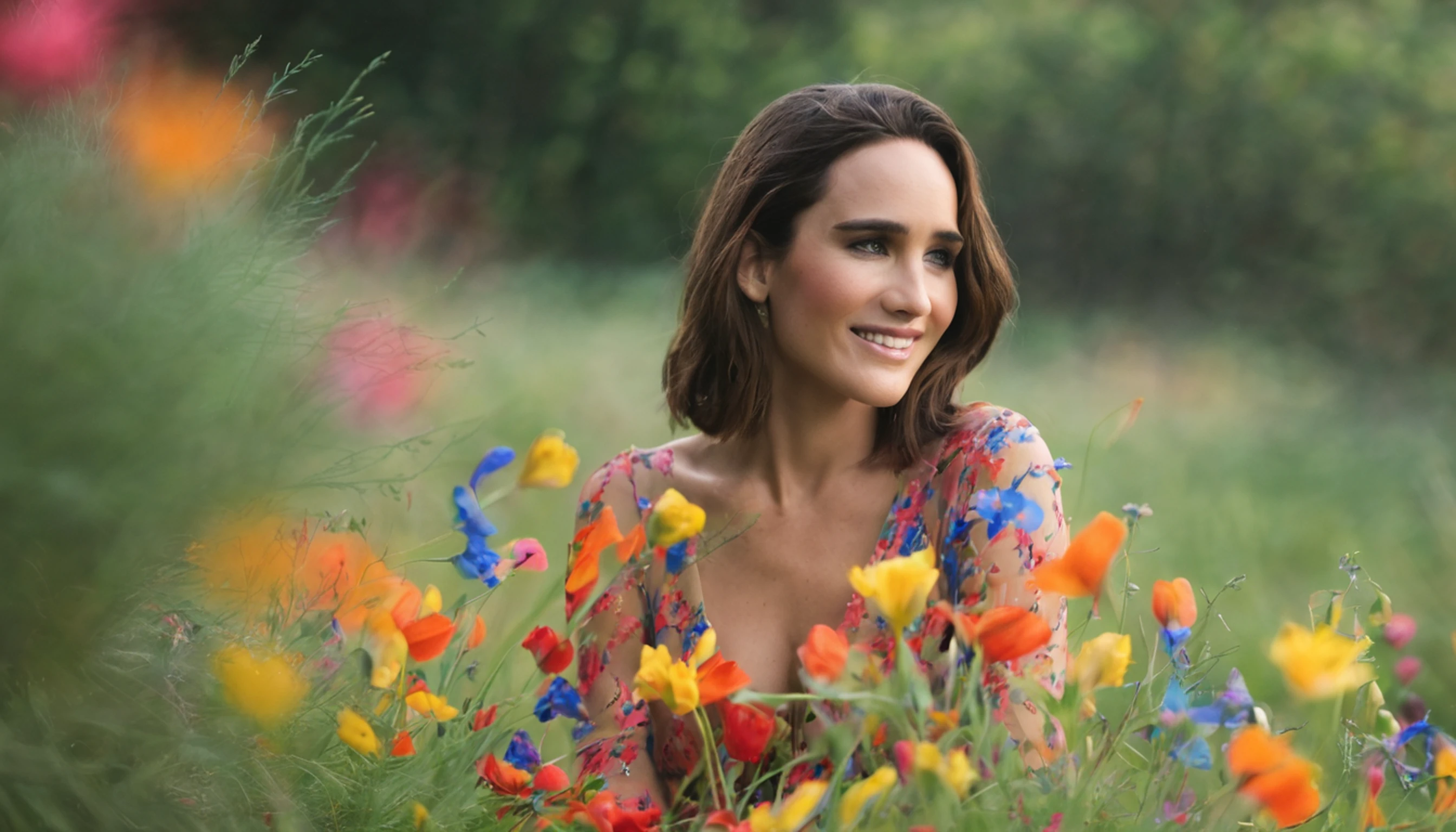 1girl (Jennifer Connelly -30 anos), solo, corpo inteiro, (obra-prima:1.21), (melhor qualidade:1.2), colorido, (illustration:1.2), (cinematic lighthing:1.1), (ombros nus:1.21), (鎖骨: 1.21) and fantastic garden, The scenery is illuminated by a rainbow of (vaga-lumes coloridos), dancing and fluttering in the air. The garden is decorated by a soft (garoa), creating a misty and ethereal atmosphere. No centro da cena, there's a single girl, uma garota extremamente delicada e bonita, with cute features and innocent expression. Her long hair is floating in the wind. She's wearing a strapless dress, which is ultra neckline, destacando suas curvas delicadas. The lighting is very delicate and beautiful, creating a soft and warm glow that highlights the water, fazendo-a brilhar como diamantes. The finest grass is also illuminated, criando um tapete exuberante e verdejante. The garden is surrounded by fields of colorful flowers, com flores de todas as cores e formas. (Borboletas coloridas), de todos os tons e tamanhos, podem ser vistas flutuando pela cena, increasing the overall sense of wonder and magic. (olhar para o visualizador), A flush can be seen in his nose and his mouth is slightly open, adding to the overall sense of innocence and youthfulness. Falling petals can be seen floating around her, adding to the overall sense of romance and beauty. Um vento suave sopra pela cena, making the leaves whisper and the flowers sway, increasing the overall sense of movement and life. This is a scene of pure wonder and magic, repleta de cor e beleza, onde o espectador se pode perder num mundo encantador e cativante.