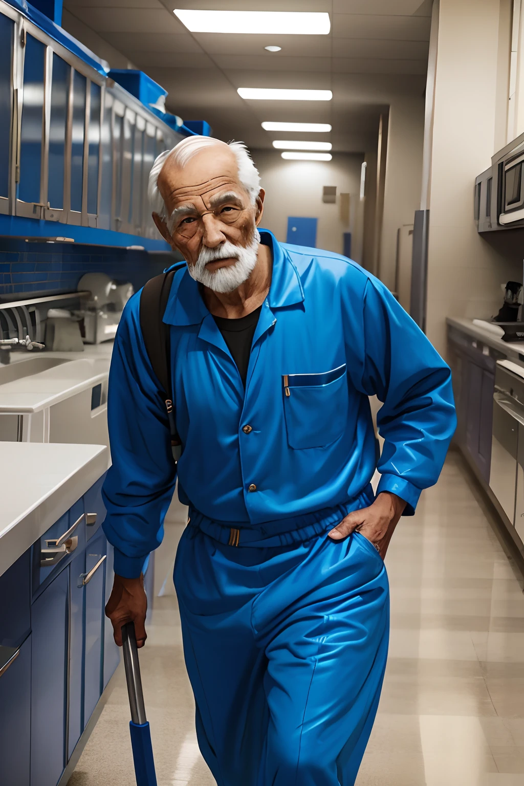 Old man wearing a blue jumpsuit, High School Janitor Style