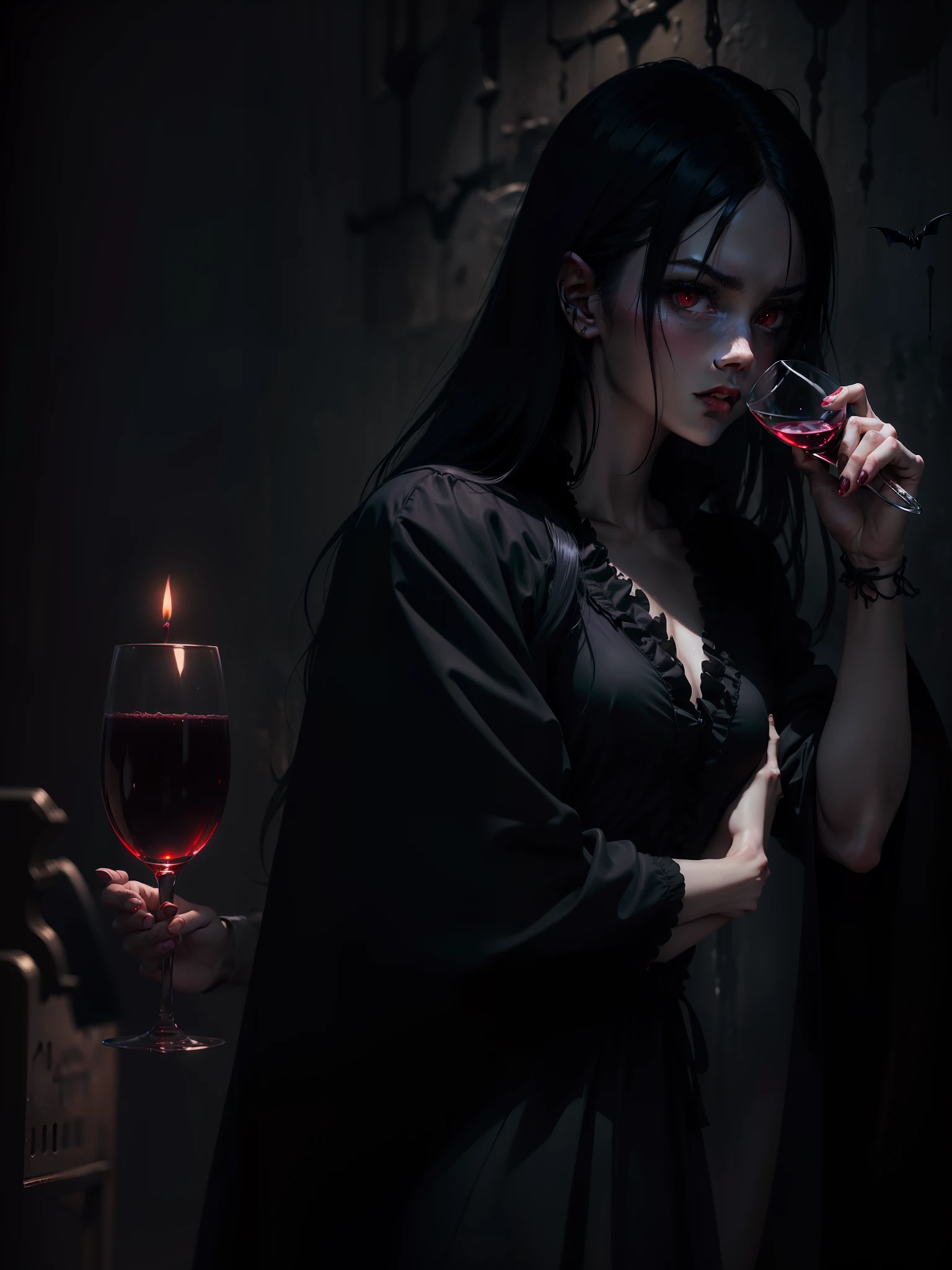 A vampire holding one of cups, dripping with blood, in a hauntingly beautiful Gothic palace, under the moonlight. The vampire has sharp fangs and piercing red eyes, with pale flawless skin. The palace is adorned with intricate carvings and dimly lit by candlelight, casting eerie shadows on the walls. There is a sense of mystery and danger in the air, as the vampire gracefully sips from the cup, the blood staining their lips in a deep crimson hue. The artwork should be of the highest quality, with ultra-detailed features and photorealistic rendering. The overall color palette should be dark and rich, with a gothic atmosphere. The lighting should be dramatic, highlighting the vampire's features and creating a sense of depth and atmosphere.