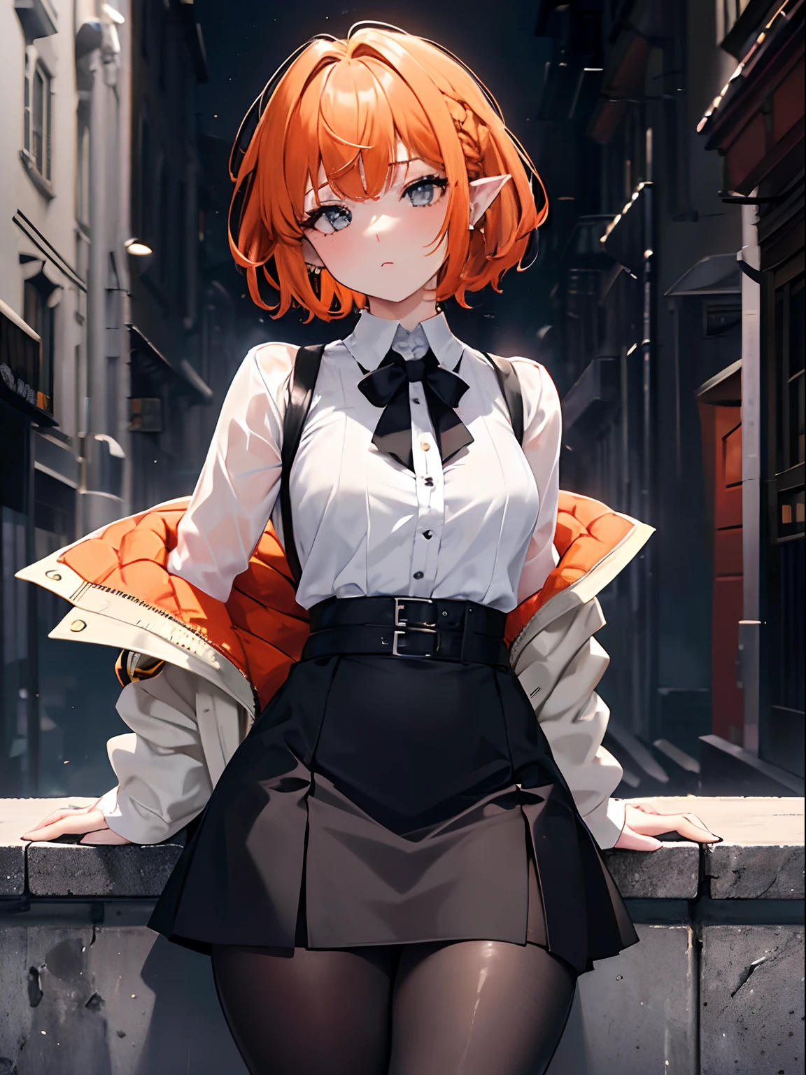 (masterpiece,best quality,ultra-detailed),1girl,messy hairstyle,thick hair,short hair,pixie cut,pointy ears,orange hair,beautiful and detailed face, detailed eyes,looking at viewer,small chest,((grey theme)),cowboy shot,white shirt,black jacket, skirt,pantyhose,street