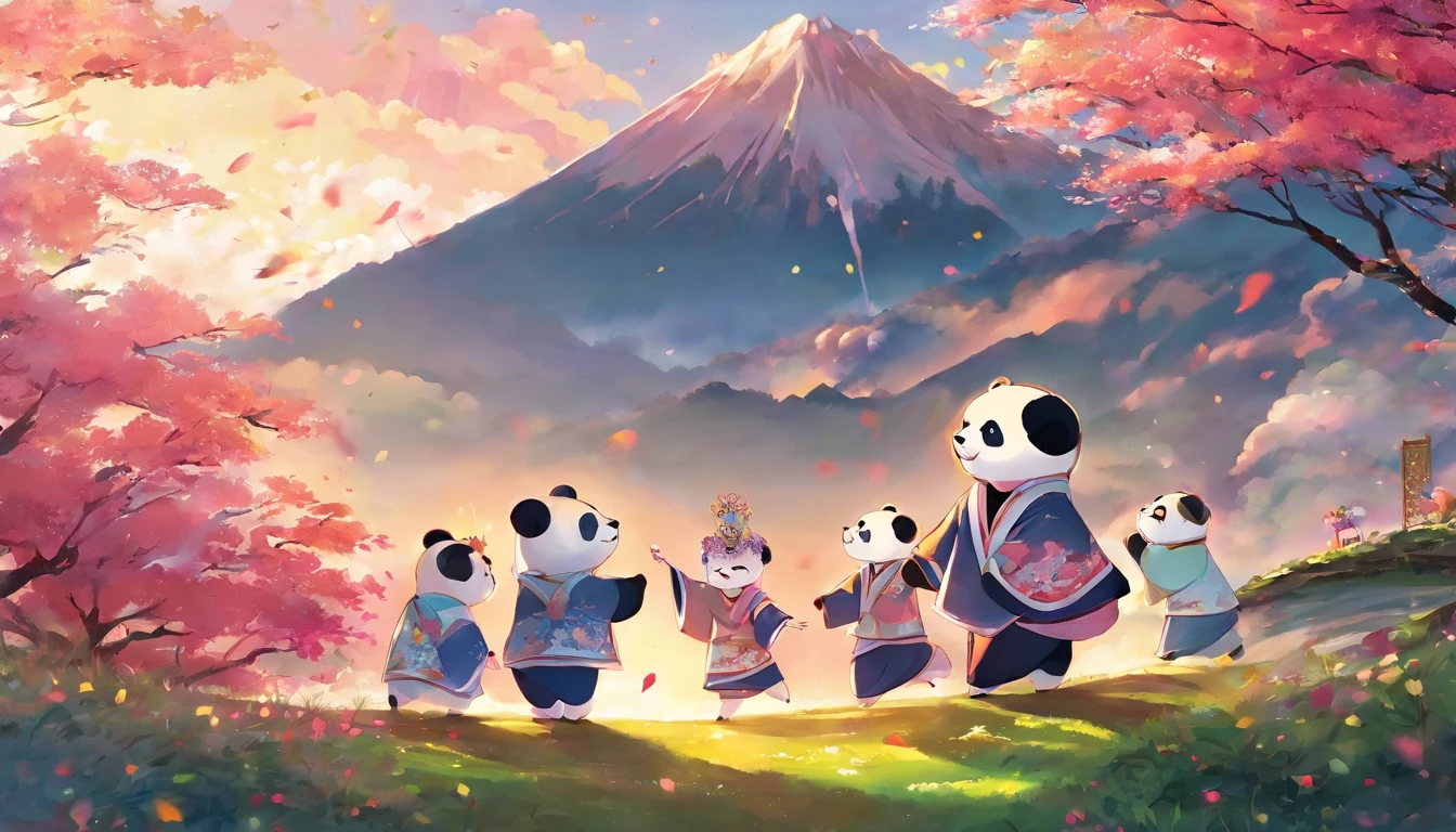 Masterpiece, Best quality, Close-up, Bright, cheerfulness, Warm and soft lighting, Sunset,A group of children dance hand in hand，Wearing Zhuang costumes，High hills，Cute giant panda in juveniles