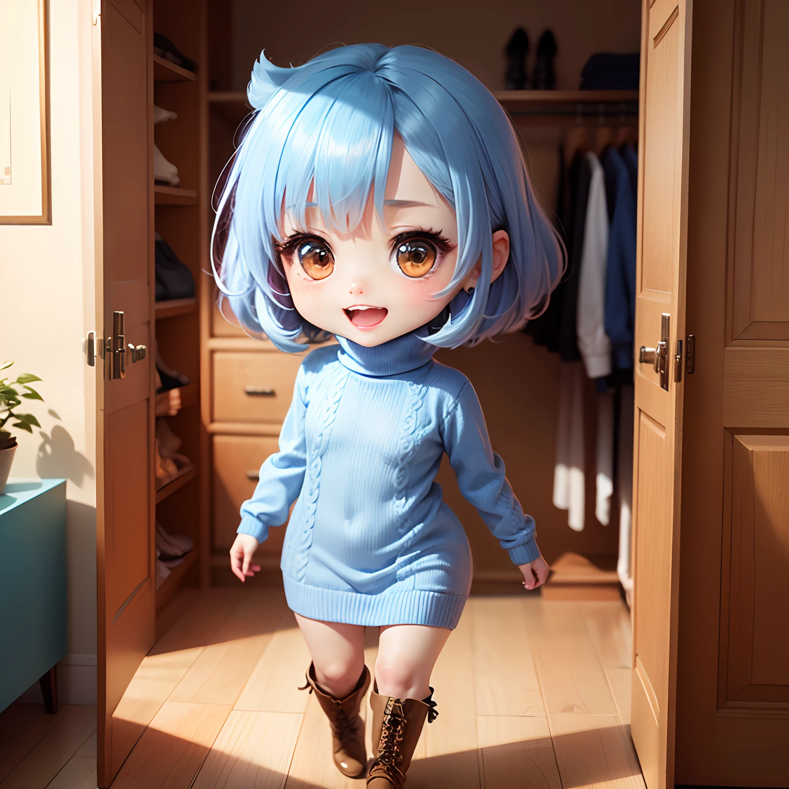 masterpiece、top-quality、ultra-detailliert、(Chibi Chara:1.2)、Light blue Sauvage hair、Open your mouth and smile、(Redhound Tooth Court: 1.5), (Light Blue Turtleneck Sweater Dress:1.3)、White Amiage Boots、Standing、Chibi Walk-in Closet