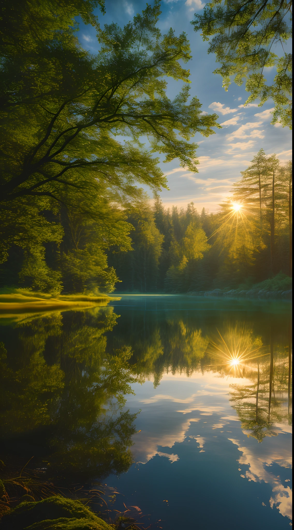 wallpaper, summer, lake, dawn, forest, detailed forest, clouds, masterpiece, cinematic, soft light, depth of field, ray tracing, reflection in water, realism, ulra detailed,
