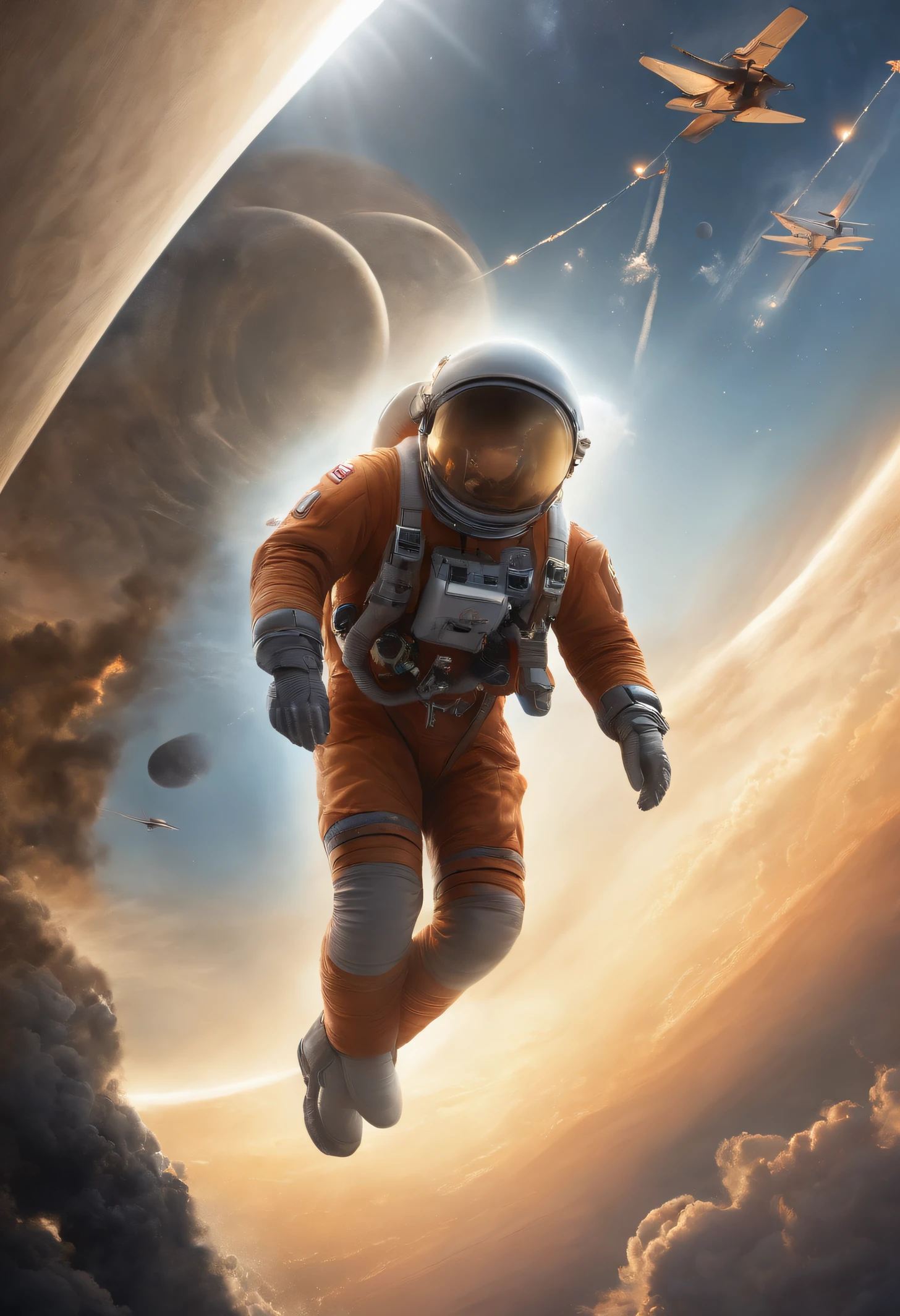 You are welcome, Create an illustration, representing the modern history of the "Flight of Icarus", contextualized in 2023;. In the image, show a young man named Max, The son of an aerospace engineer-instructor, Flying on a state-of-the-art suborbital aircraft. He ascends to heaven with a smile of enthusiasm, but in the background, The spacecraft begins to disintegrate due to the strong heating of the atmosphere. About Doctor. Alan Carter, Max's father, visible in the control center, with a worried expression on his face, trying to communicate with Max. land, majestic and stunning, must be visible in the distance. The image should convey a sense of emotion, Urgency and acceptance of consequences