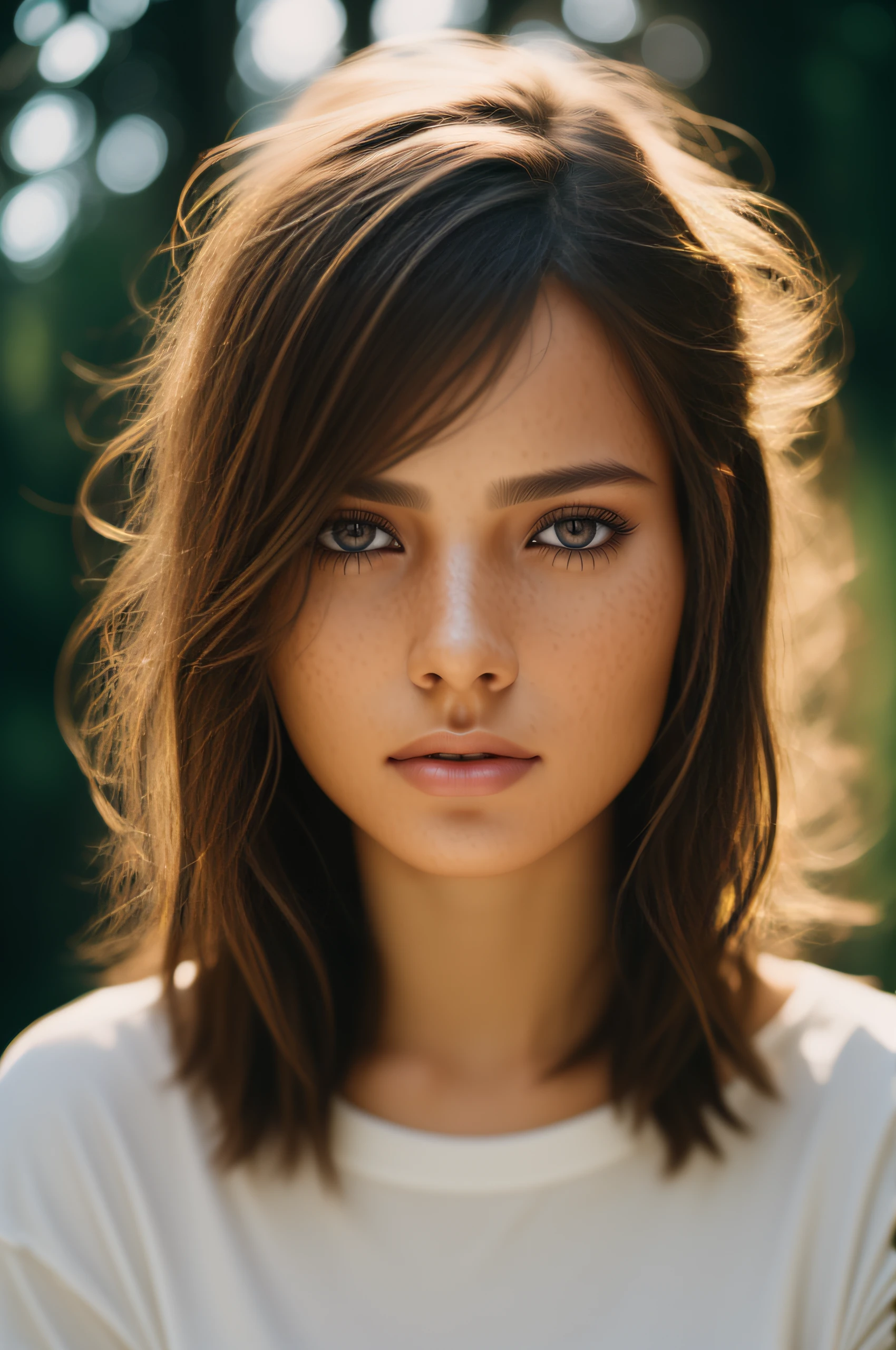 Detailed and realistic portrait of a woman with freckles, round eyes and short messy hair shot outside,wearing a white t shirt,skin texture,chapped lips,soft natural lighting,portrait photography,85mm lens,magical photography,dramatic lighting,photo realism,ultra-detailed,intimate portrait composition,Cinestill 800T --testp --ar 9:16 --upbeta –; --auto