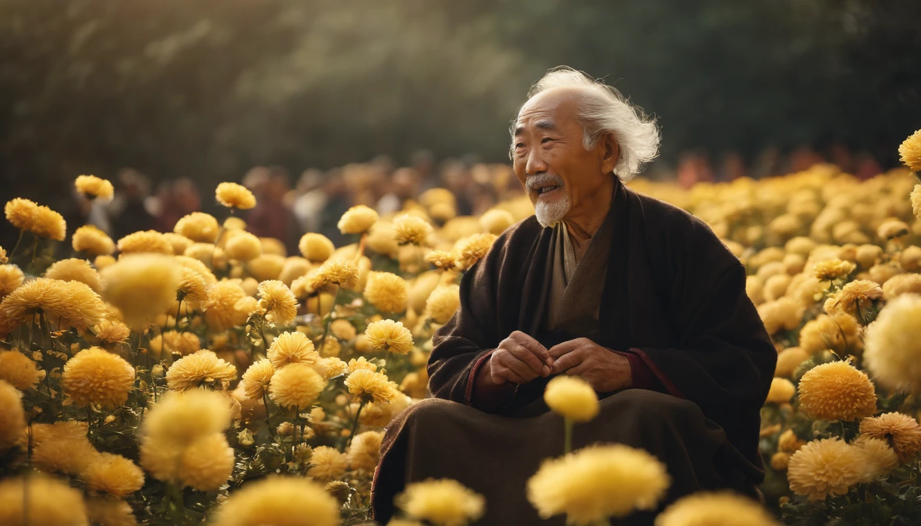 Masterpiece, High quality, illustration, Chung yeung festival，chrysanthemums，a old man，Lively celebration