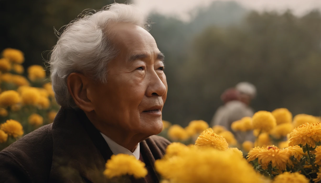 Masterpiece, High quality, illustration, Chung yeung festival，chrysanthemums，a old man，Lively celebration