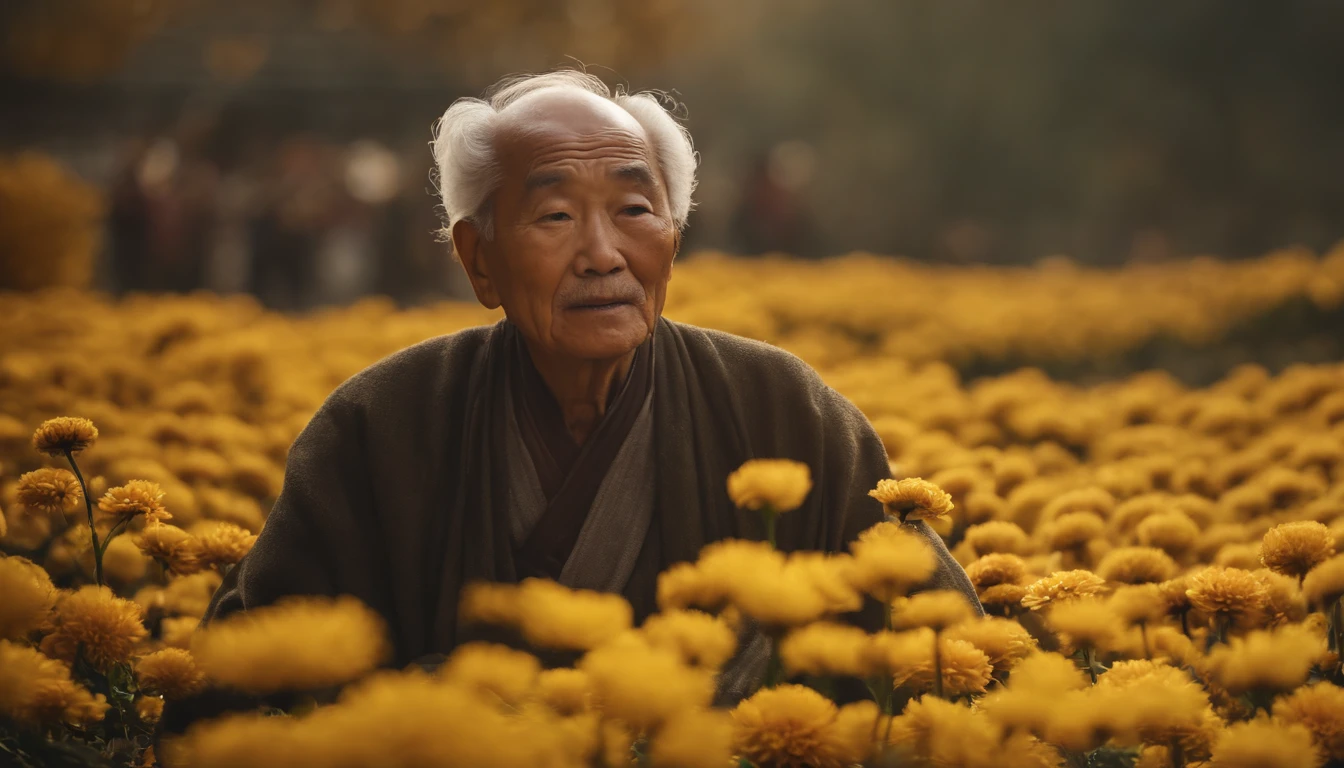 Masterpiece, High quality, illustration, Chung yeung festival,chrysanthemums,a old man,Lively celebration