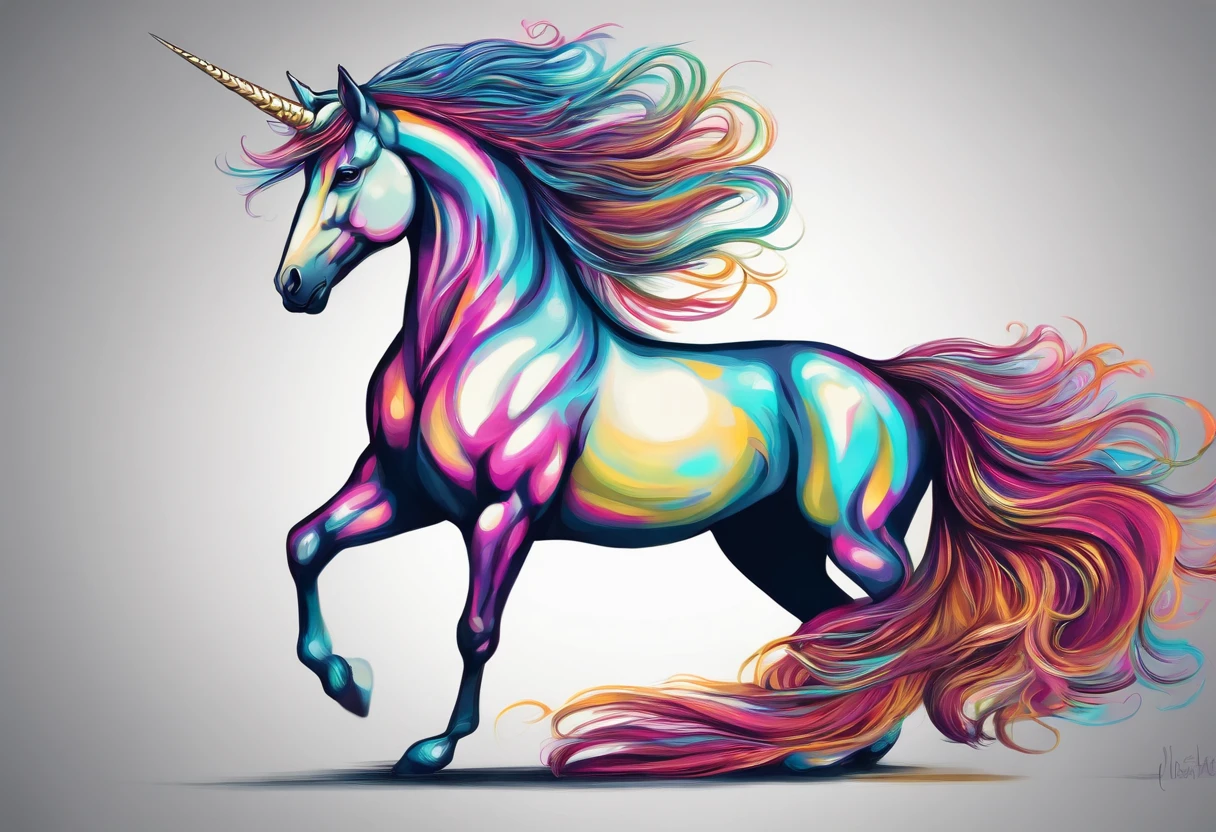 Drawing of a unicorn with a long mane and a colorful tail, Pegasus Art, unicorn
