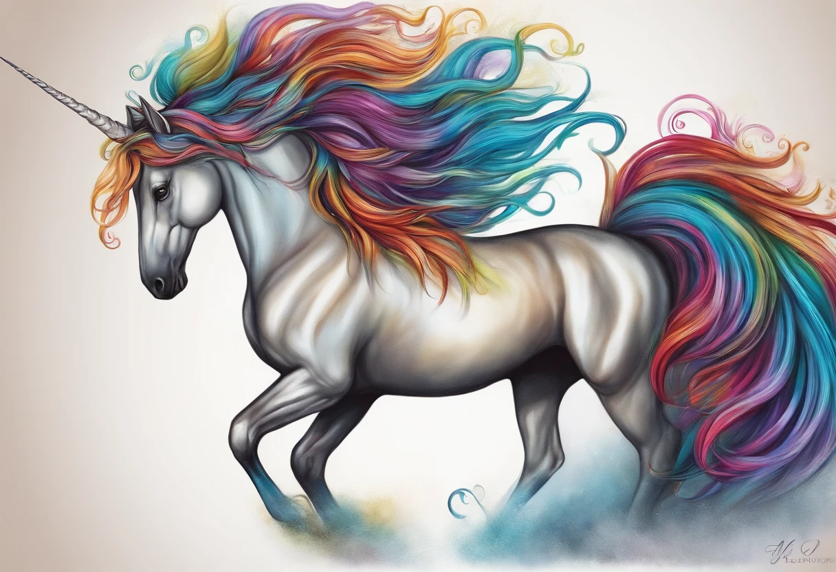 Drawing of a unicorn with a long mane and a colorful tail, Pegasus Art, unicorn