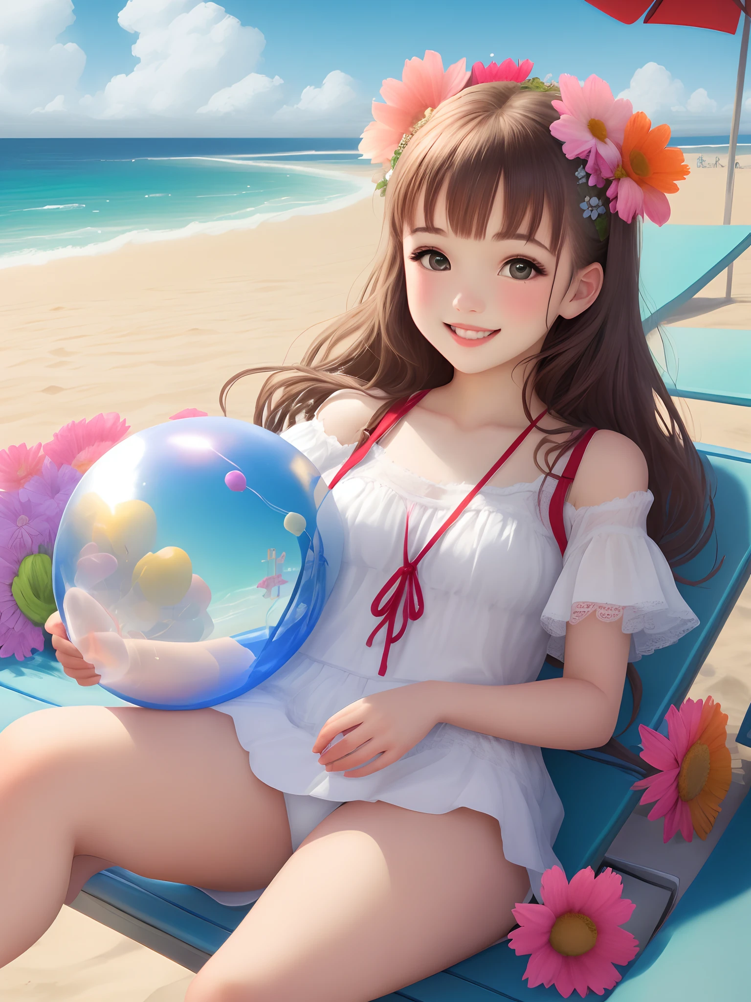A cute girl is having fun with a white balloon on the sunny beach,There is a sea of flowers around,Realisticstyle