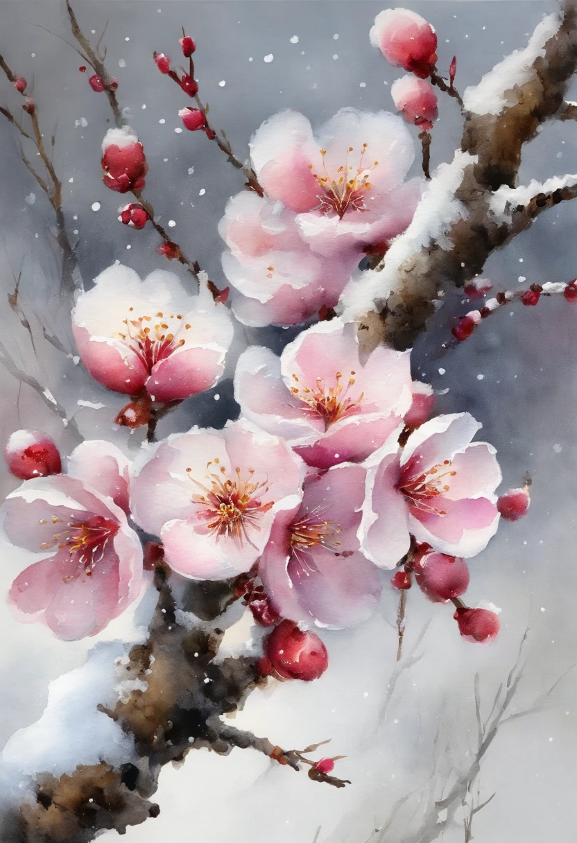 (blooming plum blossoms,frigid winter,dominates,standing tall) (beautiful,pure,fragrant) (unyielding,solo blooming,endurance) (elegant,graceful,brave,strong) (snow-covered branches,scattered petals) (best quality,ultra-detailed,highres:1.2), (realistic,photorealistic:1.37) (traditional ink painting,classic art style) (delicate pink,touches of white) (soft,subtle studio lighting)